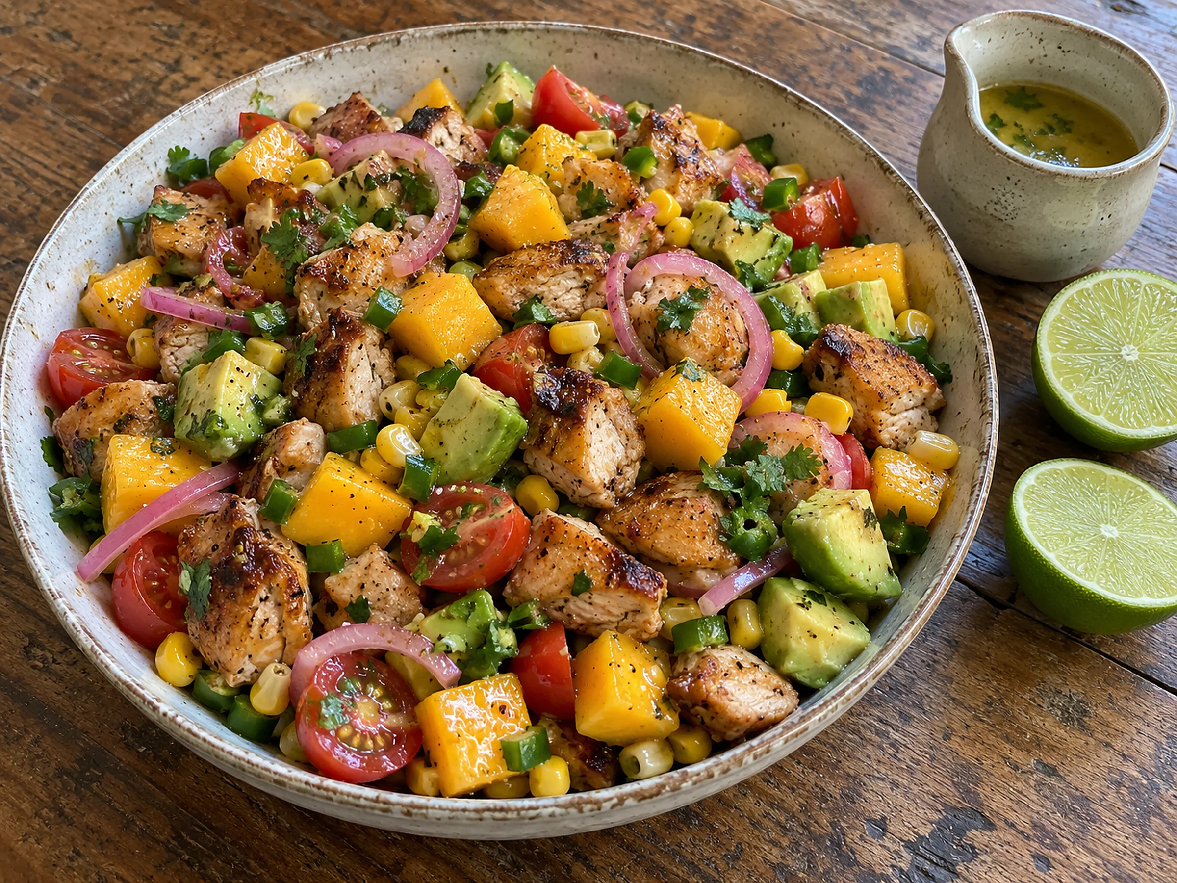 A wide bowl of salad with golden chicken pieces, diced avocado, mango cubes, cherry tomatoes, corn and pink pickled onion, with lime halves and a jug of dressing beside it