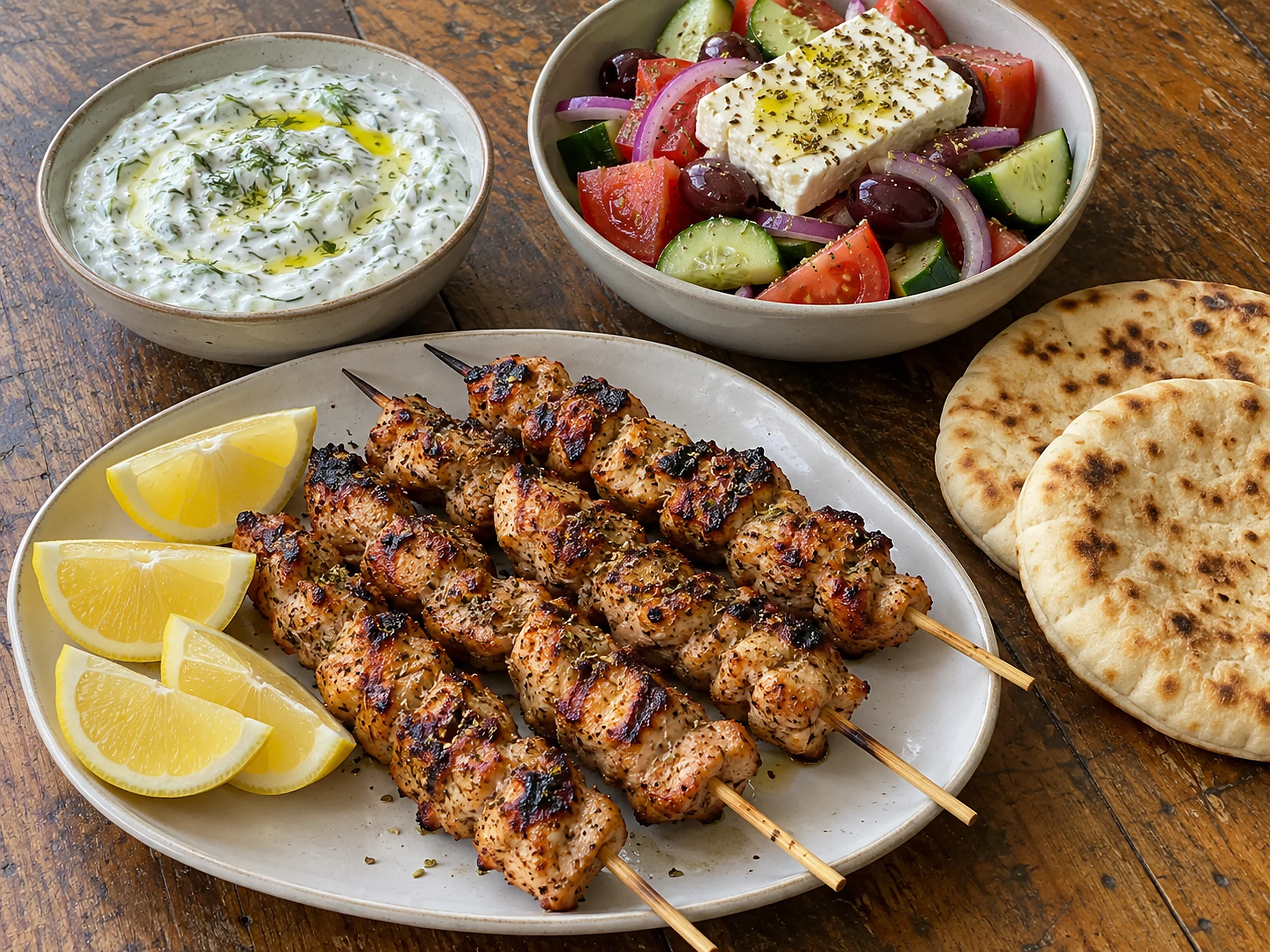 Short skewers of golden chicken thigh with charred edges on a platter with lemon wedges, beside a bowl of tzatziki, a Greek salad with a slab of feta, and warm pita