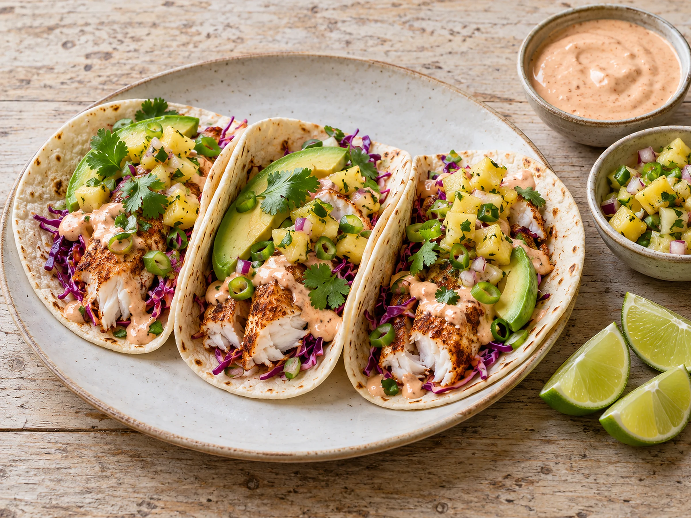 Three soft flour tacos filled with spice-rubbed white fish, red cabbage slaw, pineapple salsa, avocado and a drizzle of chipotle crema, with lime wedges and small bowls of crema and salsa beside them