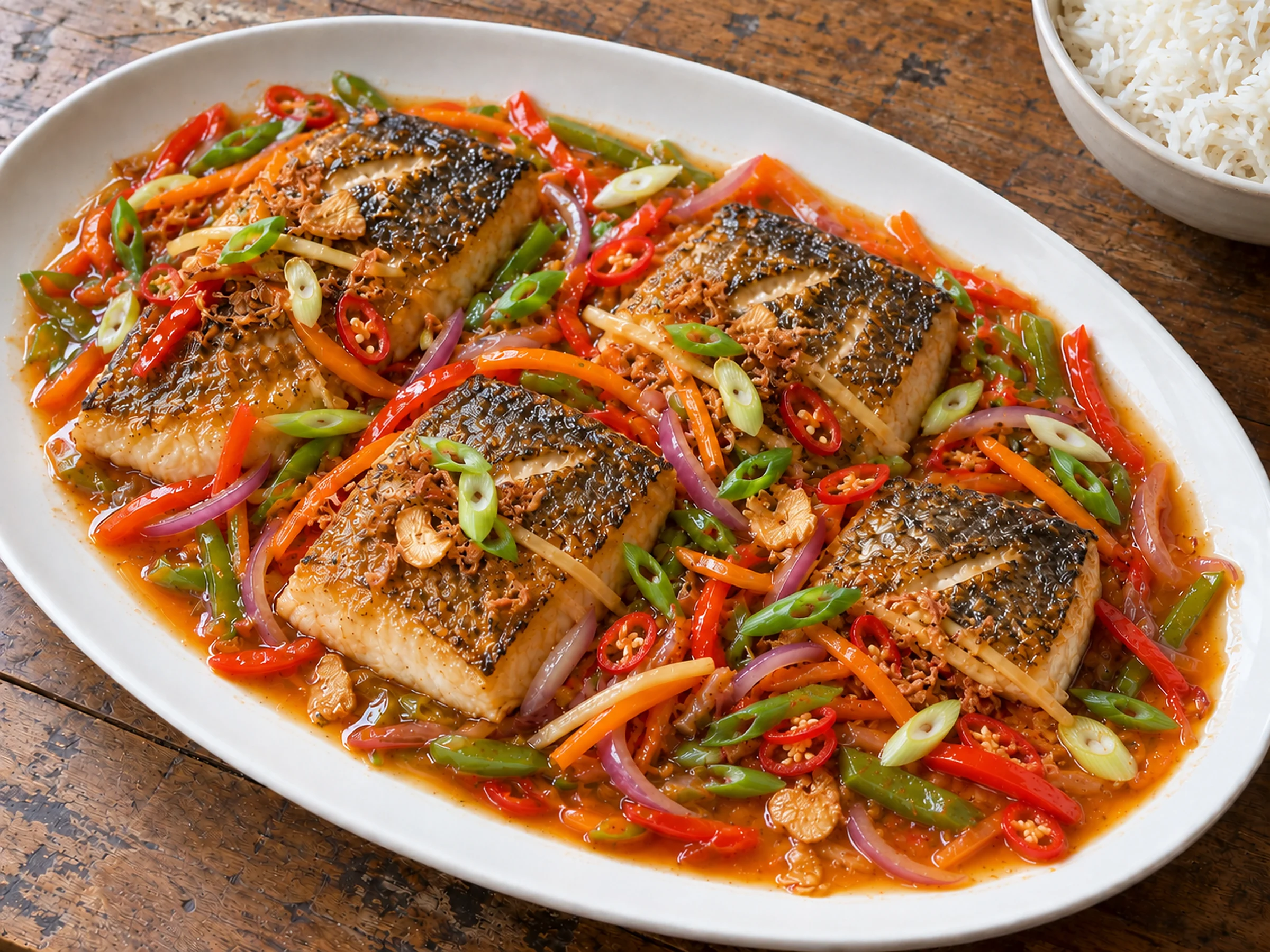 Four crisp skin-on barramundi fillets on a white platter in a glossy orange-red sauce with strips of capsicum, carrot and red onion, sliced spring onion and chilli