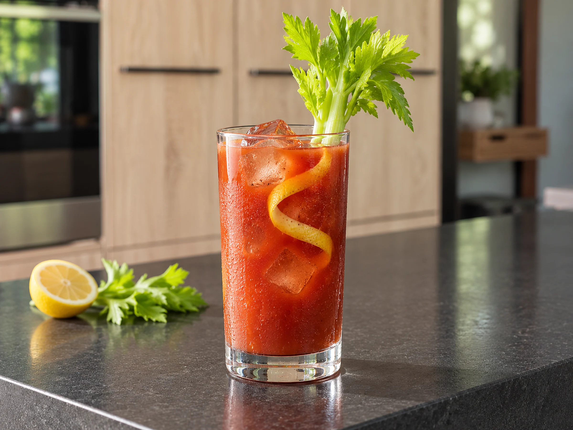 A tall glass of Bloody Mary over ice with a leafy celery stick and a curl of lemon peel, on a dark stone bench, half a lemon beside it
