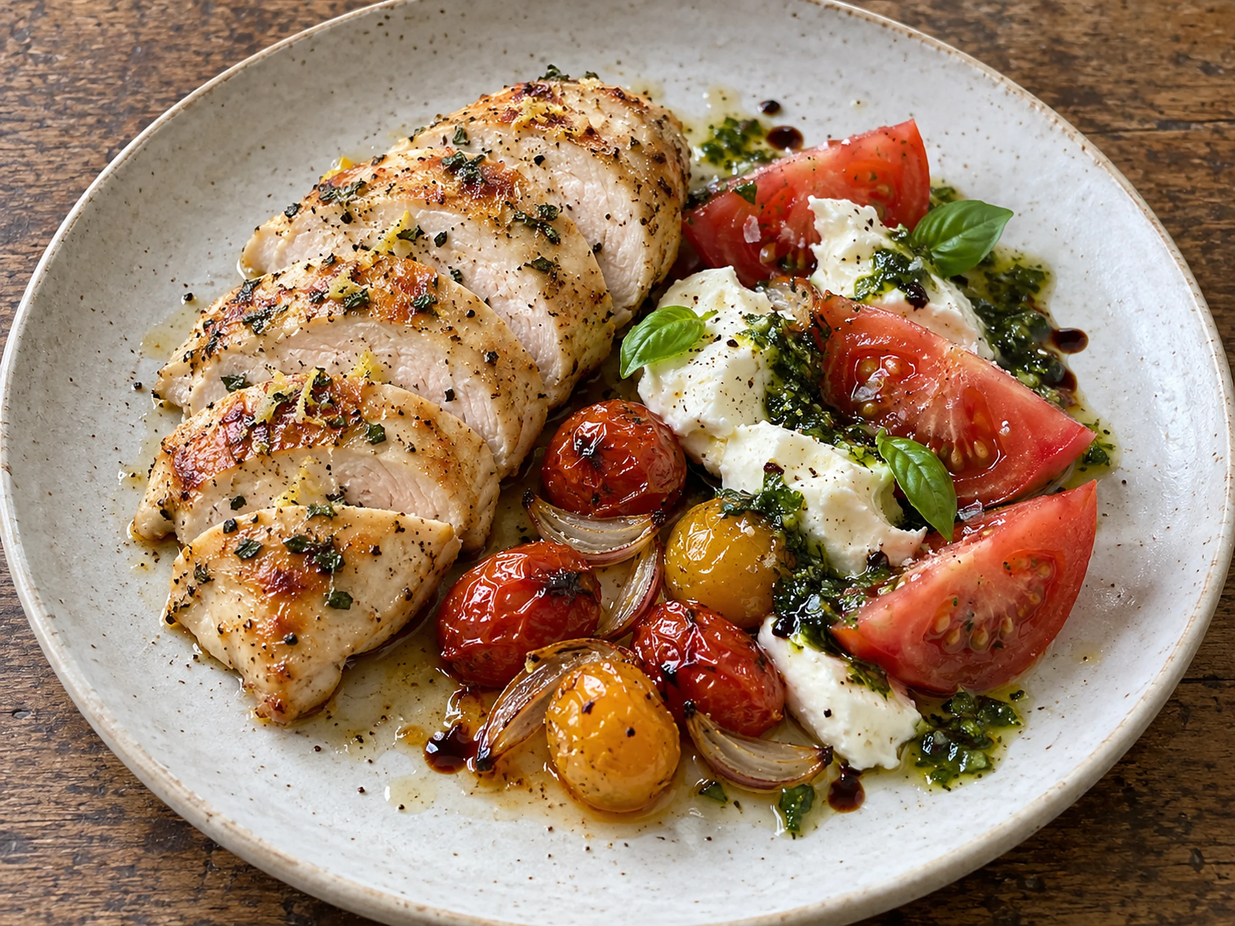 Sliced golden chicken breast flecked with lemon zest and thyme, beside roasted red and yellow cherry tomatoes with thin slivers of shallot, fresh tomato wedges and torn buffalo mozzarella, with bright green basil dressing and drops of balsamic