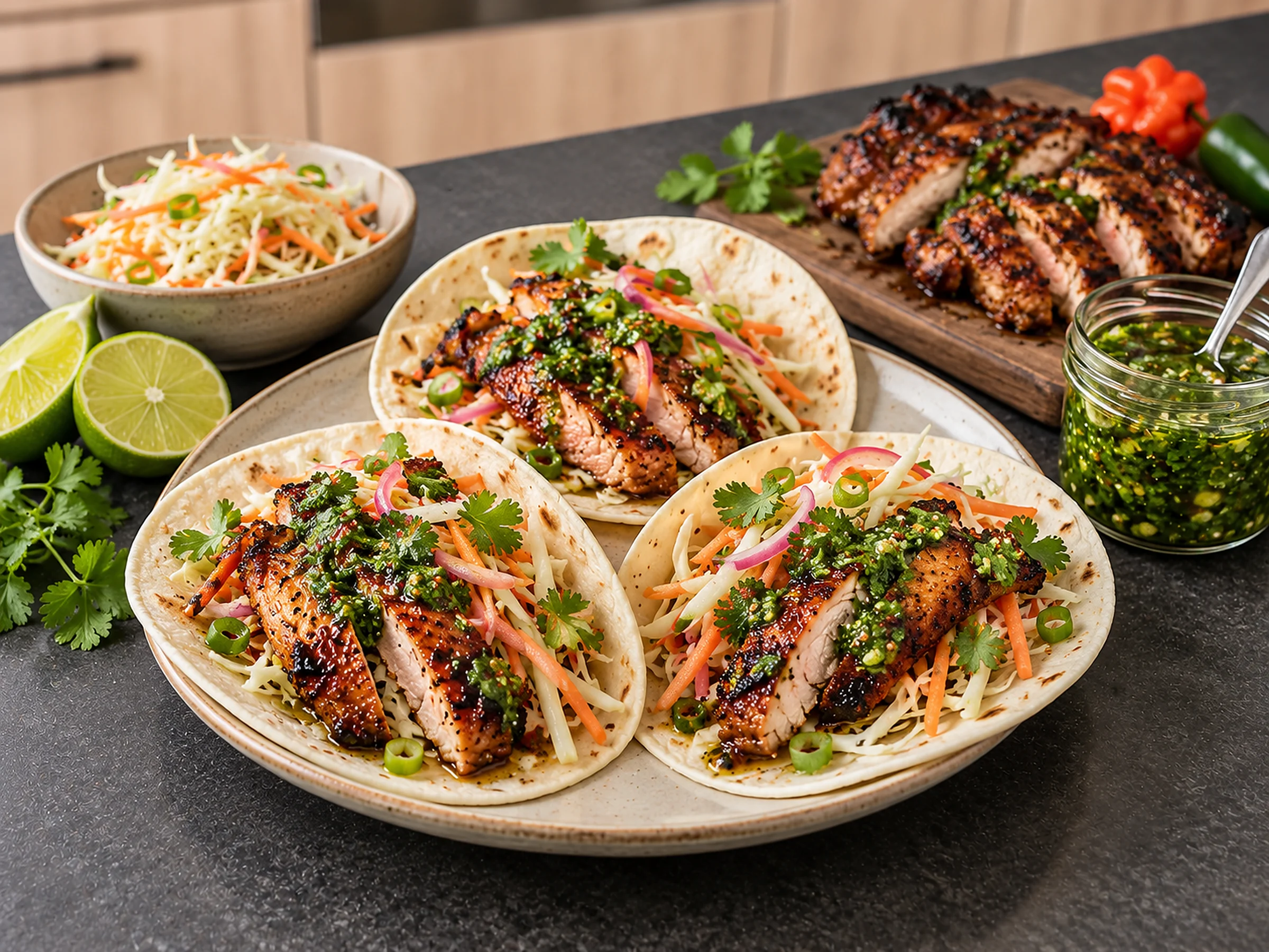 Three small soft flour wraps filled with sliced charred chicken thigh, a fine cabbage and carrot slaw with pink onion and a bright green coriander and chilli mojo, with more sliced chicken on a board, a jar of mojo, lime halves and a habanero on a dark stone bench