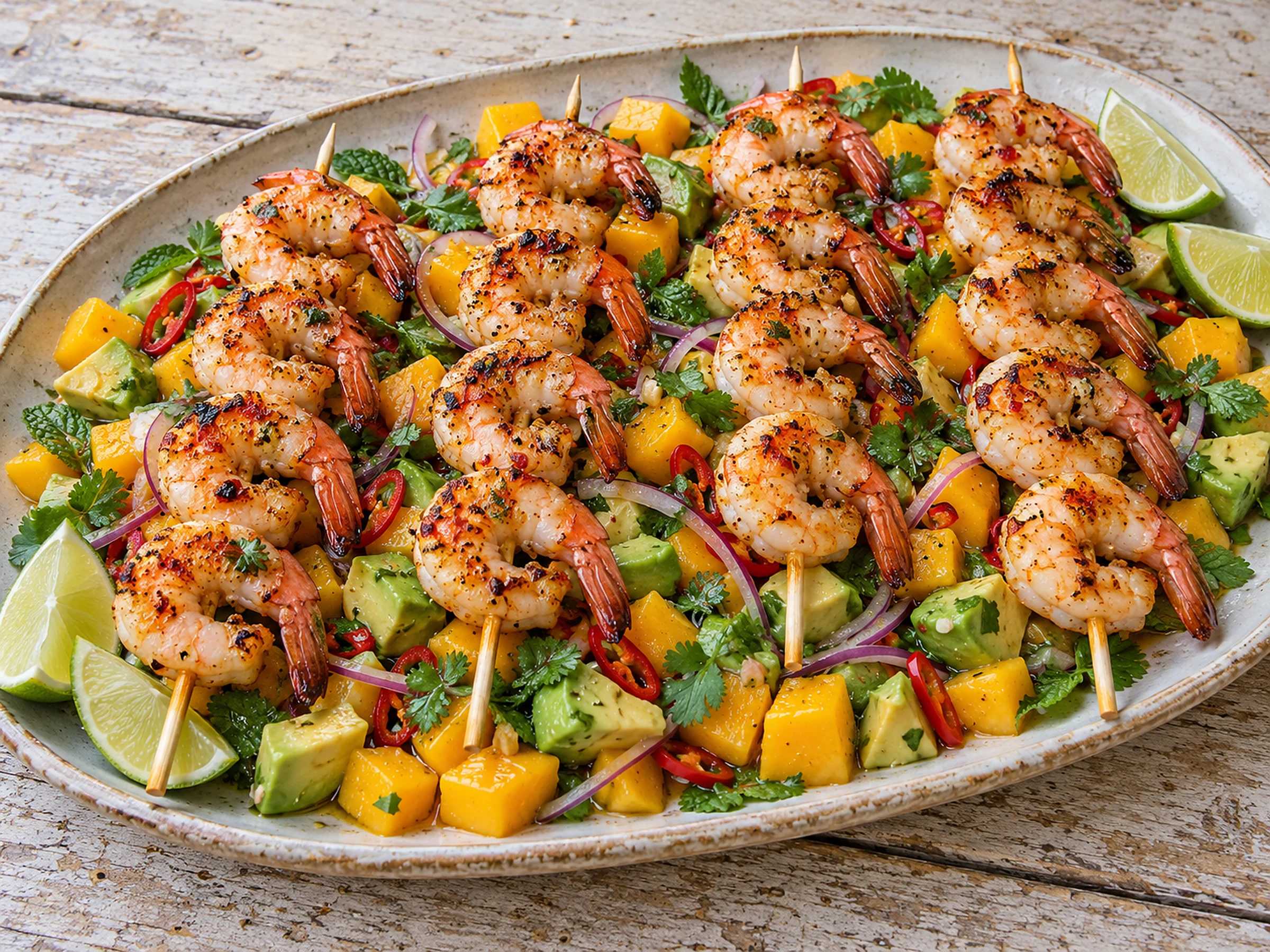 Four skewers of curled, lightly charred chilli-lime prawns laid over a platter of diced mango, avocado, red onion, red chilli and herbs, with lime wedges