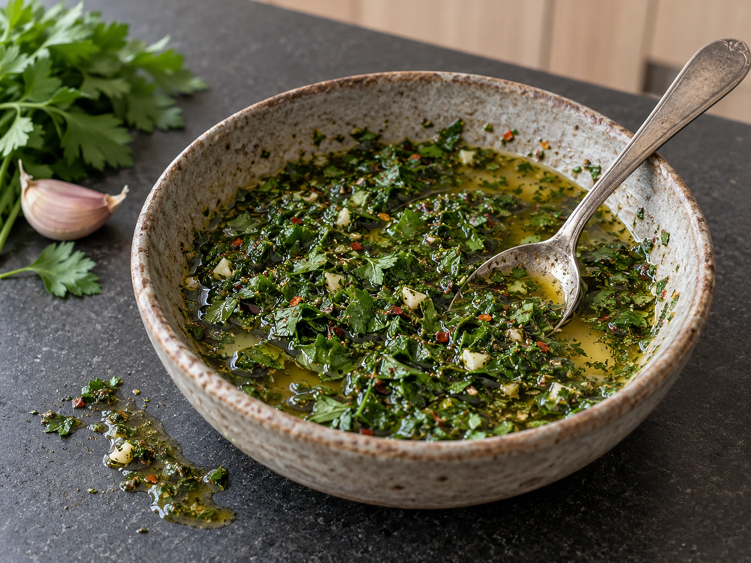 A stoneware bowl of bright green hand-chopped chimichurri flecked with red chilli, the golden oil pooling at the edges, an old spoon resting in it, a drip on the dark benchtop and a bunch of parsley and a garlic clove beside it