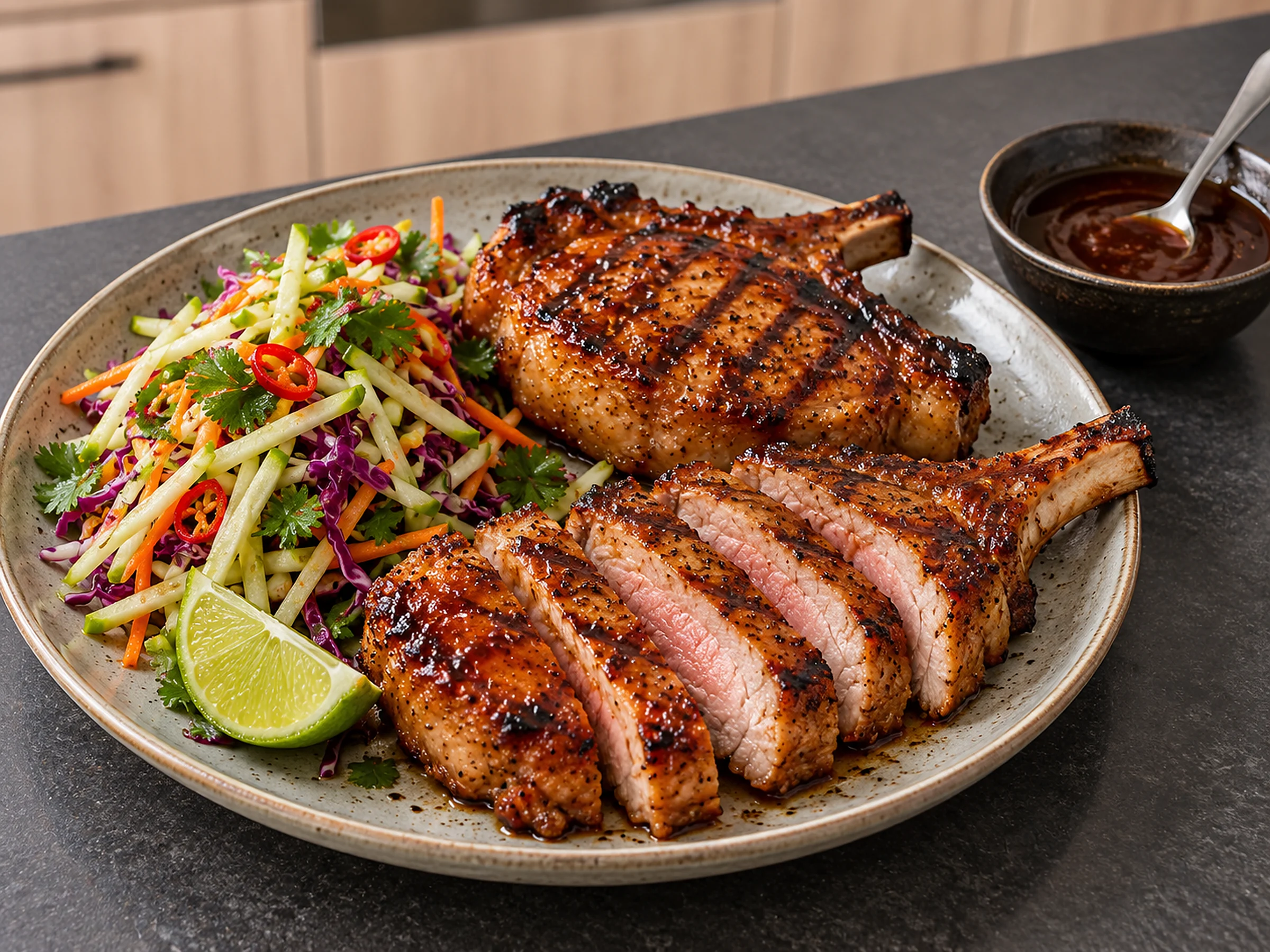 Two thick bone-in pork cutlets with a glossy amber tamarind glaze and grill char, one sliced to show a juicy blush centre, beside a green apple, red cabbage and carrot slaw, a lime wedge, and a small bowl of dark tamarind sauce on a dark stone bench