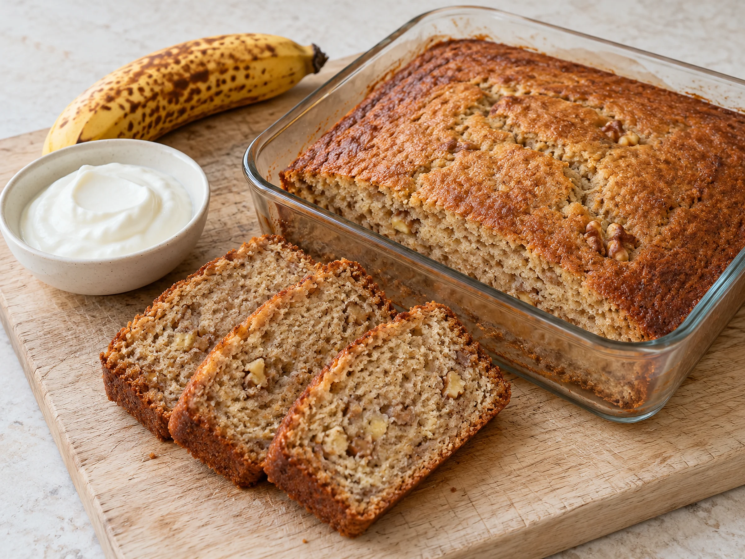 A shallow golden banana bread in a glass dish with three thick slices cut showing a moist crumb with walnut pieces, beside a bowl of Greek yoghurt and a very ripe banana