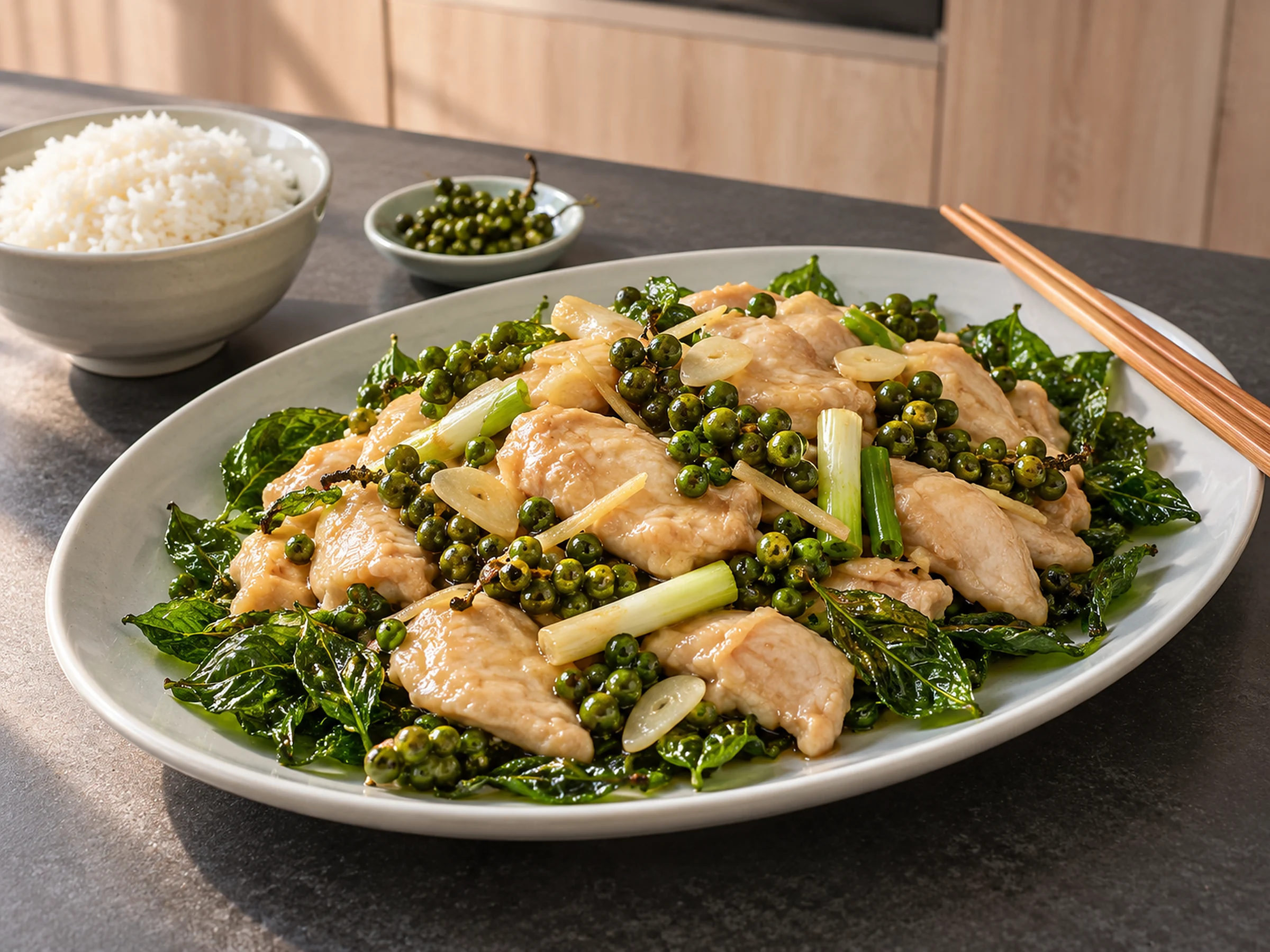 An oval white plate of silky pale chicken thigh slices in a thin glaze with whole green peppercorns, spring onion, garlic and ginger, on a bed of crisp fried Thai basil, with a bowl of jasmine rice, a dish of green peppercorns and chopsticks on a dark stone bench