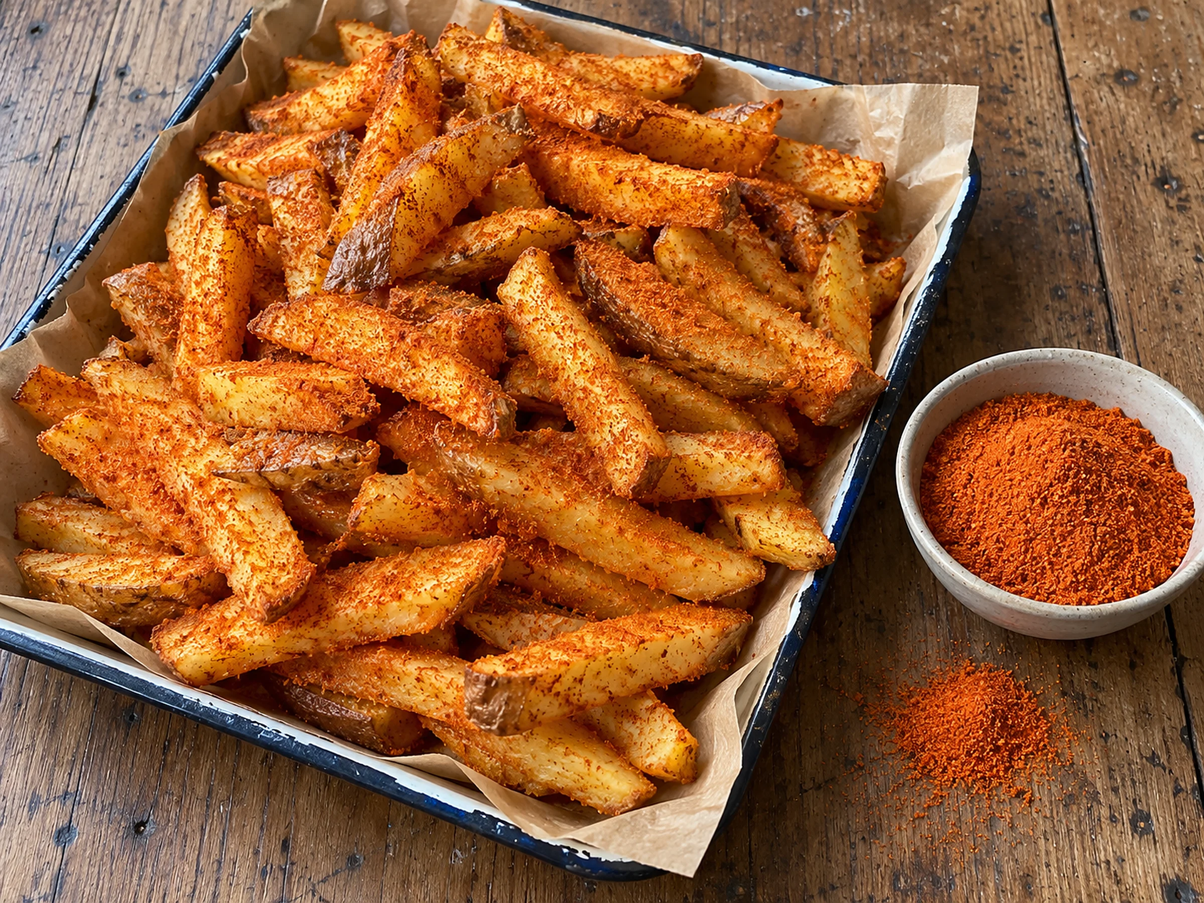 A paper-lined tray of skin-on chips coated in a fine orange-red seasoning, with a small bowl of the same powder beside it