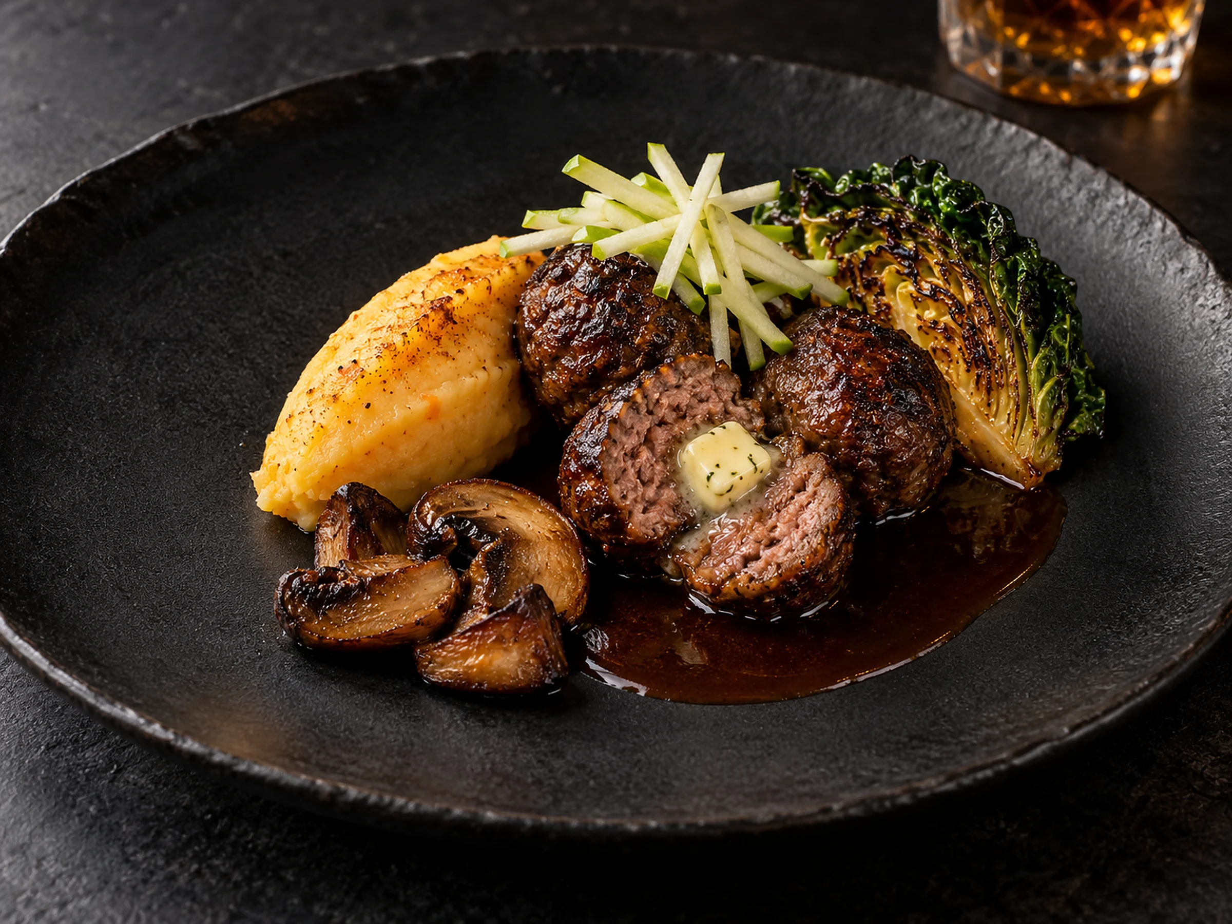 Three dark-crusted venison meatballs on a black plate, one halved to show a coarse, glistening interior with butter melting on it, beside a quenelle of golden clapshot, a pool of glossy dark whisky jus, browned mushrooms, a charred savoy wedge and a tangle of green apple matchsticks