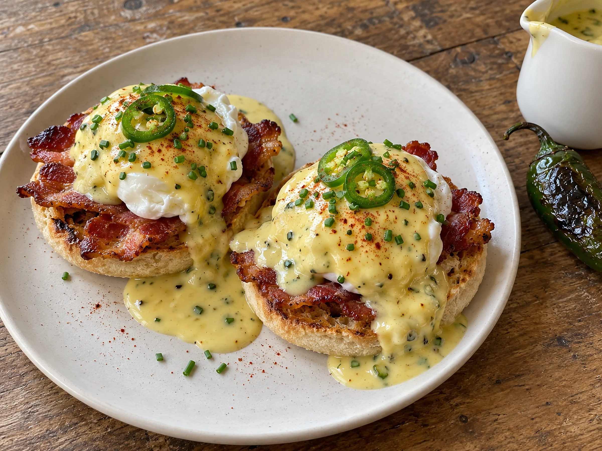 Two English muffin halves with crispy bacon and poached eggs under a pale yellow hollandaise flecked with green jalapeño, chives and a dusting of paprika
