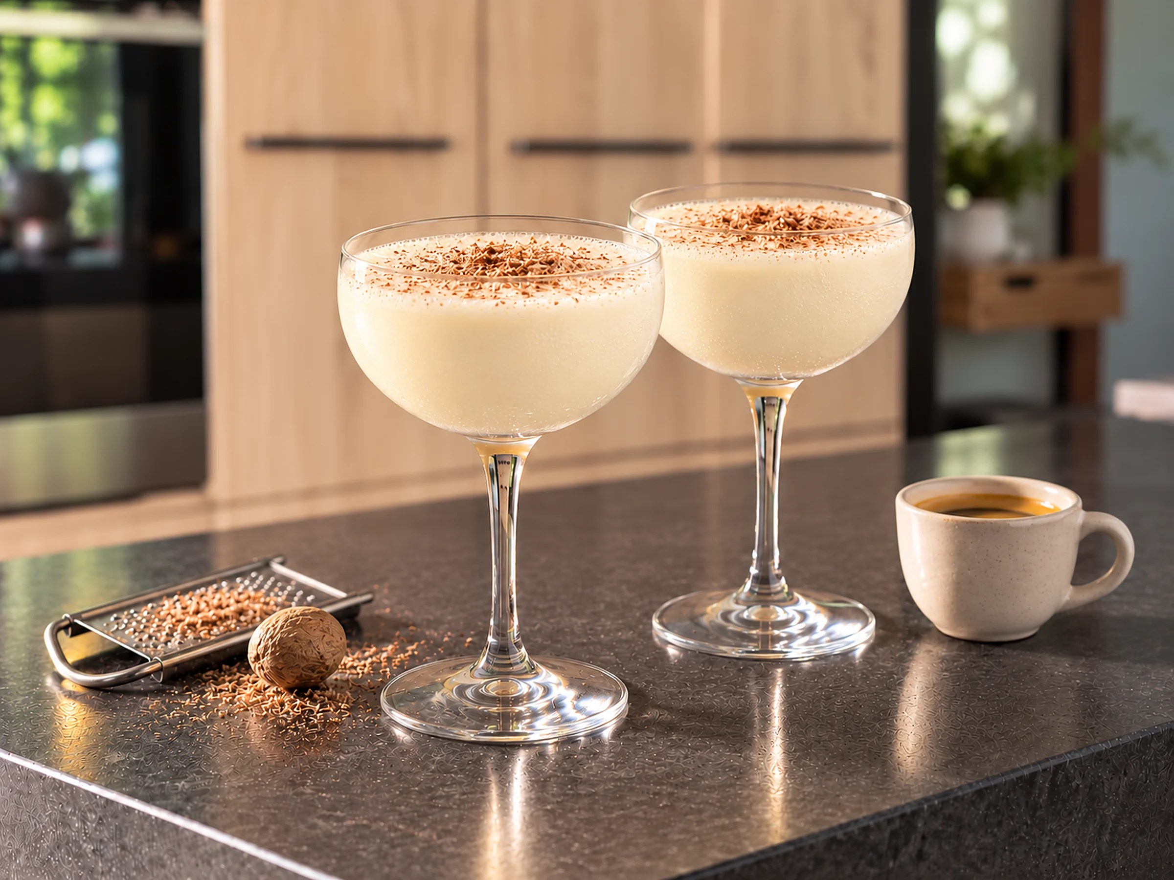 Two small stemmed coupes of pale ivory eggnog with a fine froth and freshly grated nutmeg on top, a whole nutmeg and grater and a small cup of ristretto beside them on a dark stone bench