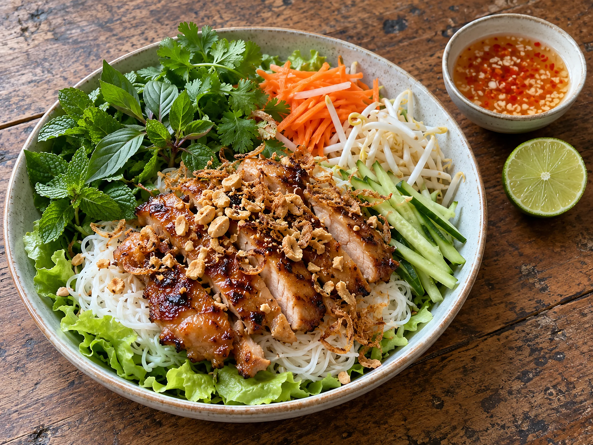 A bowl of rice noodles with lettuce, cucumber, bean sprouts, pickled carrot and a pile of mint, Thai basil and coriander, topped with sliced caramelised chicken, peanuts and fried shallots, with a small bowl of nuoc cham and half a lime