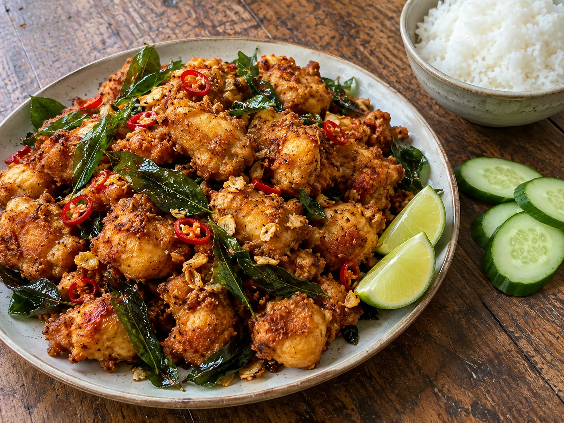 A plate of crisp golden spiced chicken pieces tossed with fried curry leaves, sliced red chilli and fried garlic, with lime wedges, cucumber and a bowl of rice beside it