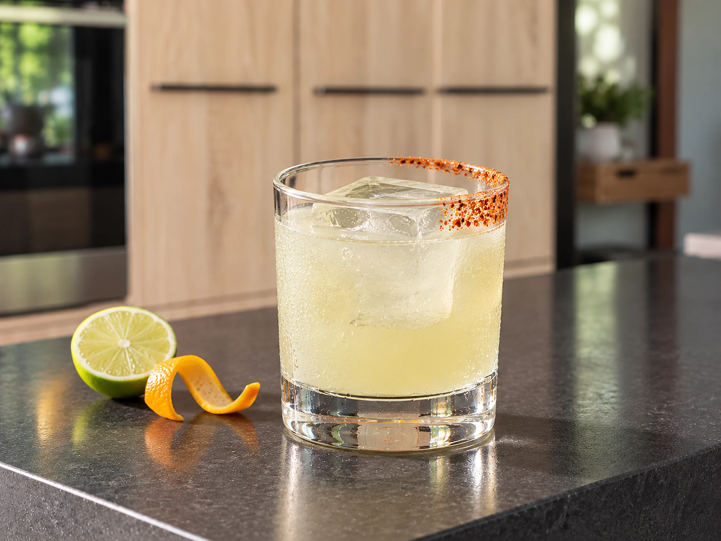 A margarita in a heavy rocks glass over one large ice cube, red-orange Tajín on half the outside rim, a halved lime and a curl of orange peel beside it on a dark stone bench