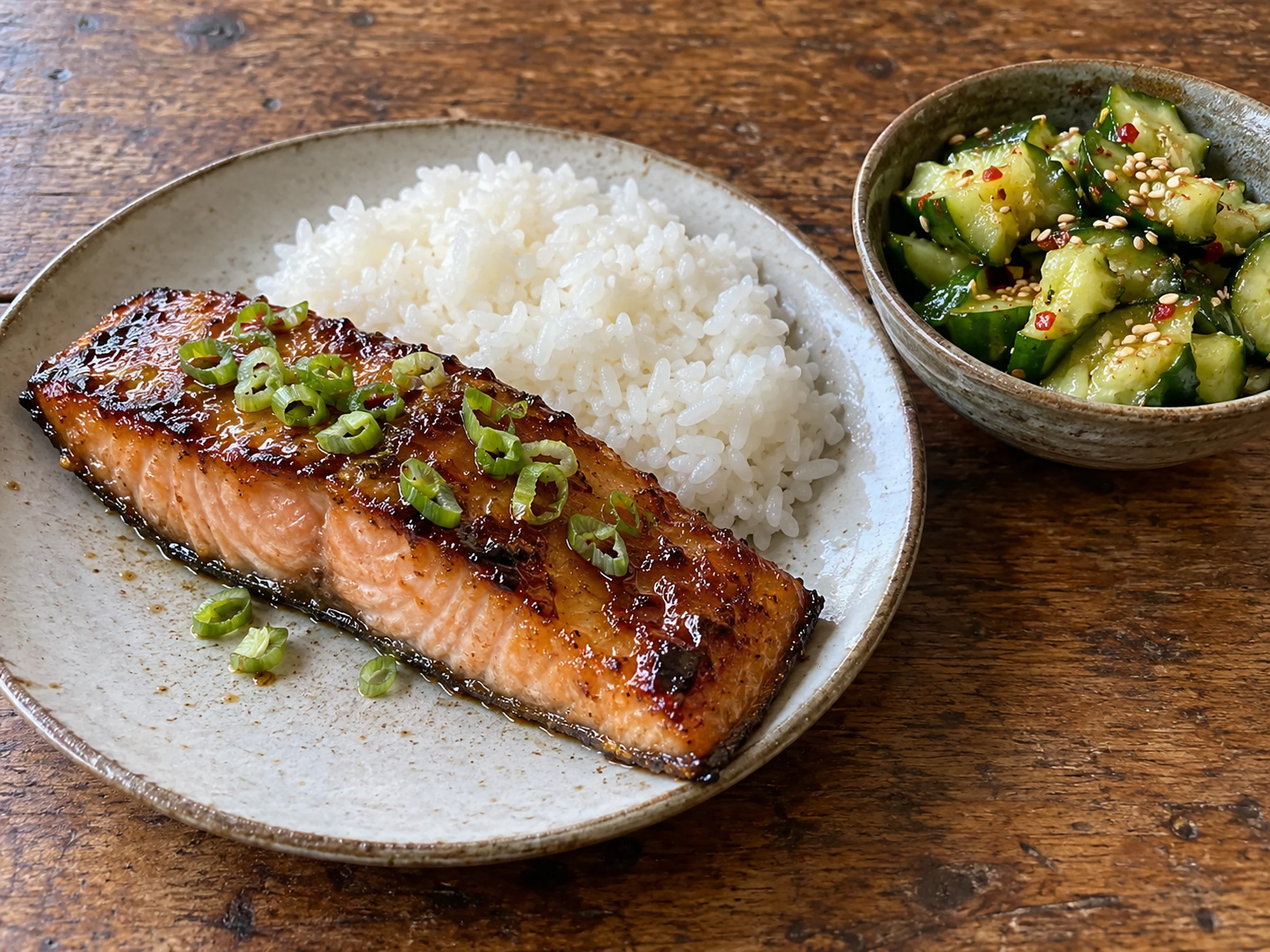A salmon fillet with a glossy caramelised miso glaze and sliced spring onion beside steamed rice, with a bowl of smashed cucumber salad with sesame seeds