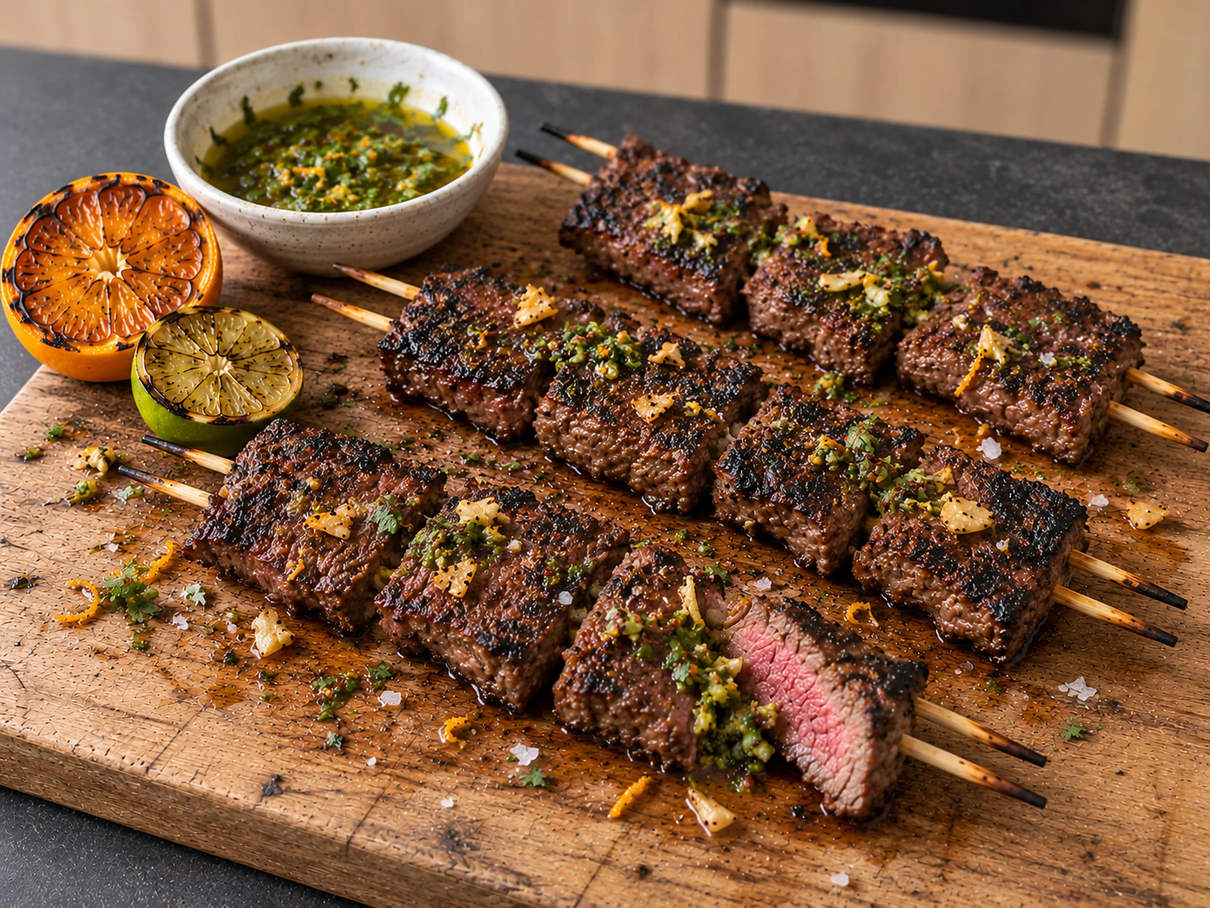 Flat slabs of charred flat iron steak on double bamboo skewers on a timber board, one cut to show a pink centre, under green mojo, crisp garlic and orange zest, beside a bowl of mojo and a charred orange and lime half