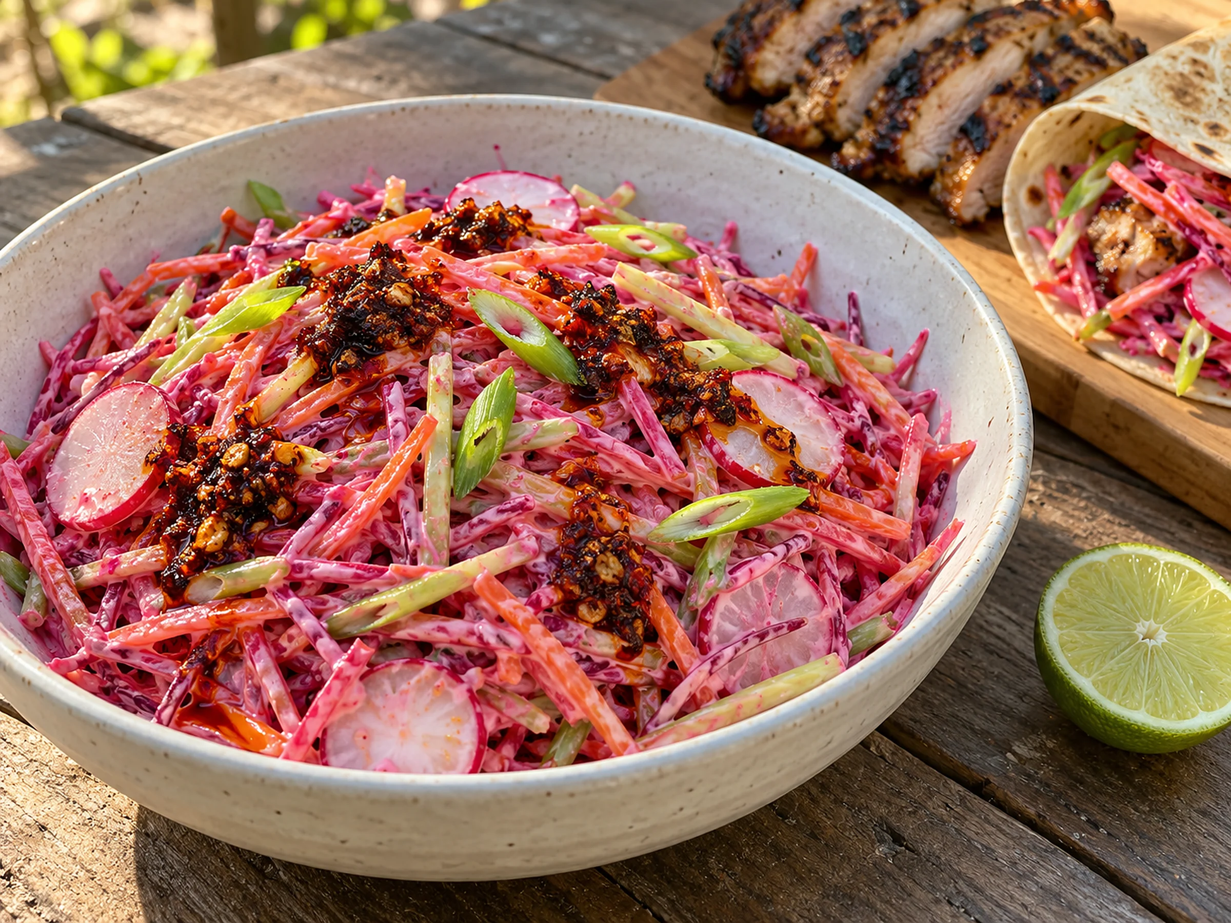 A wide pale ceramic bowl of fine carrot, beetroot and broccoli-stem shreds coated in a glossy pink dressing, with radish coins and sliced spring onion, streaked with dark red crispy chilli oil, beside a lime half, sliced charred chicken thigh and a flour wrap filled with the slaw