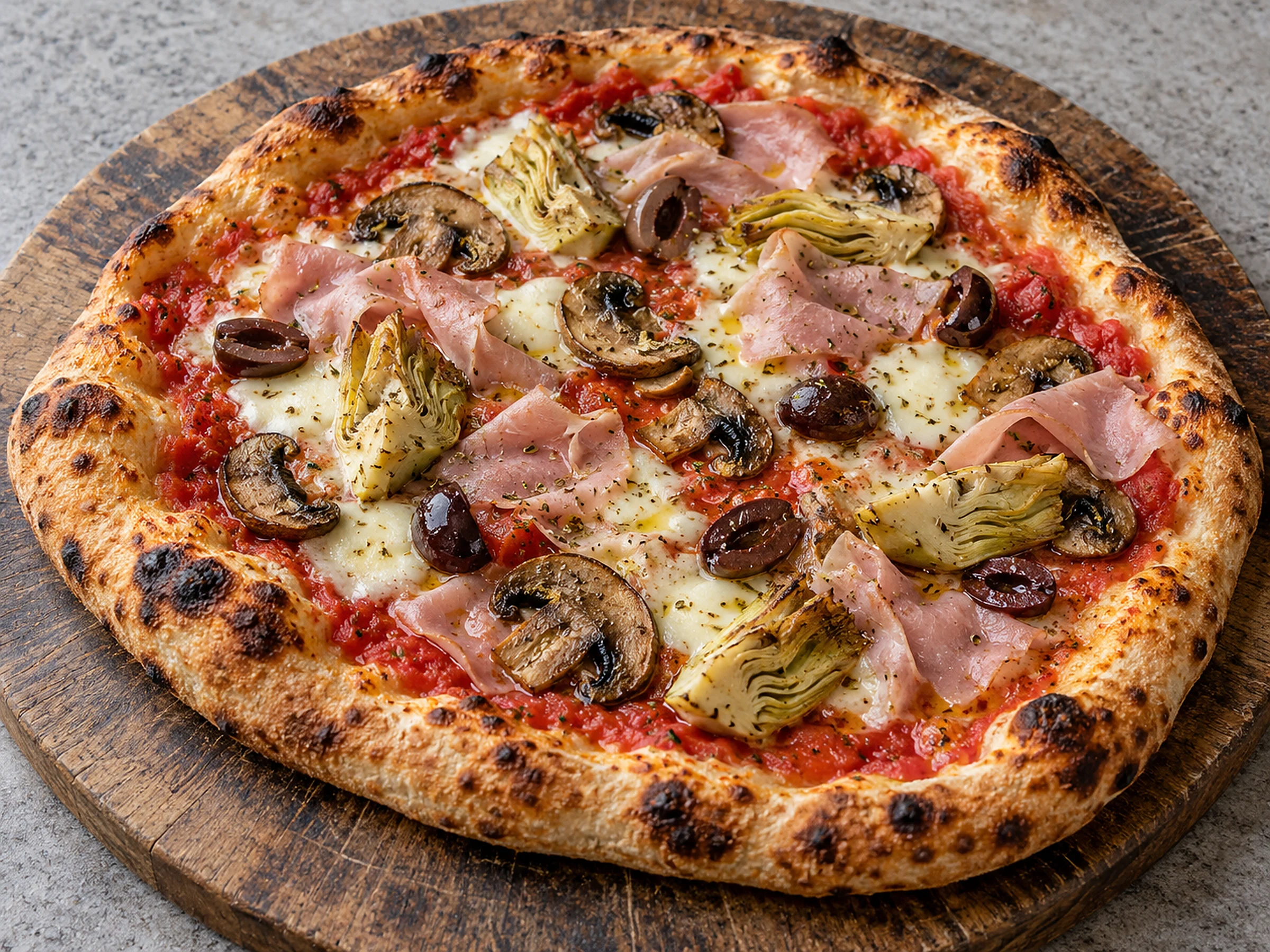 A Capricciosa pizza with a leopard-spotted rim, tomato and melted mozzarella, folds of cooked ham, browned mushrooms, seared artichoke wedges and black olives, sprinkled with oregano