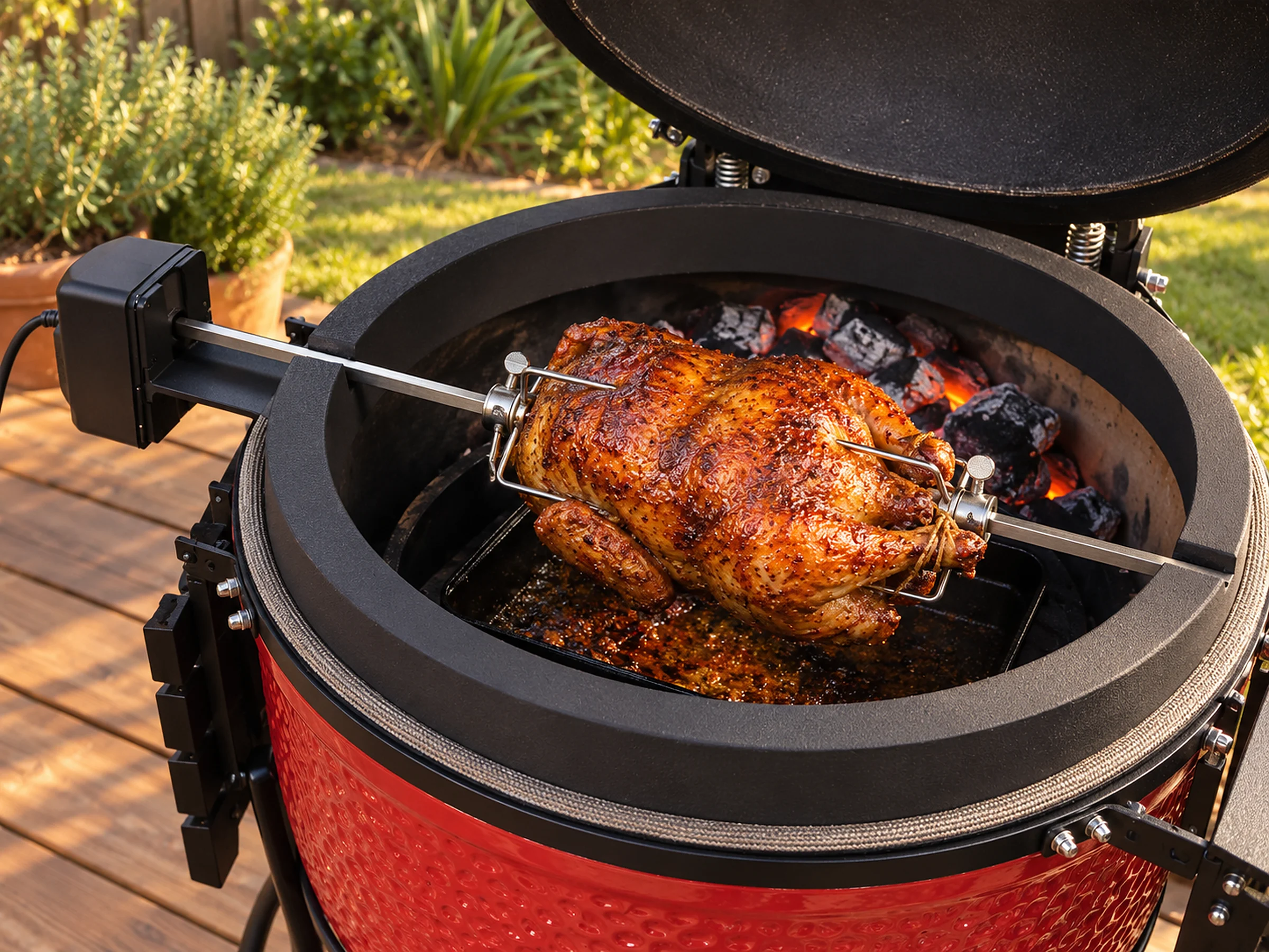 A whole mahogany-skinned chicken turning on a rotisserie spit inside an open red ceramic kamado, a black rotisserie ring and motor at the side, lump charcoal glowing at the back and a drip pan beneath