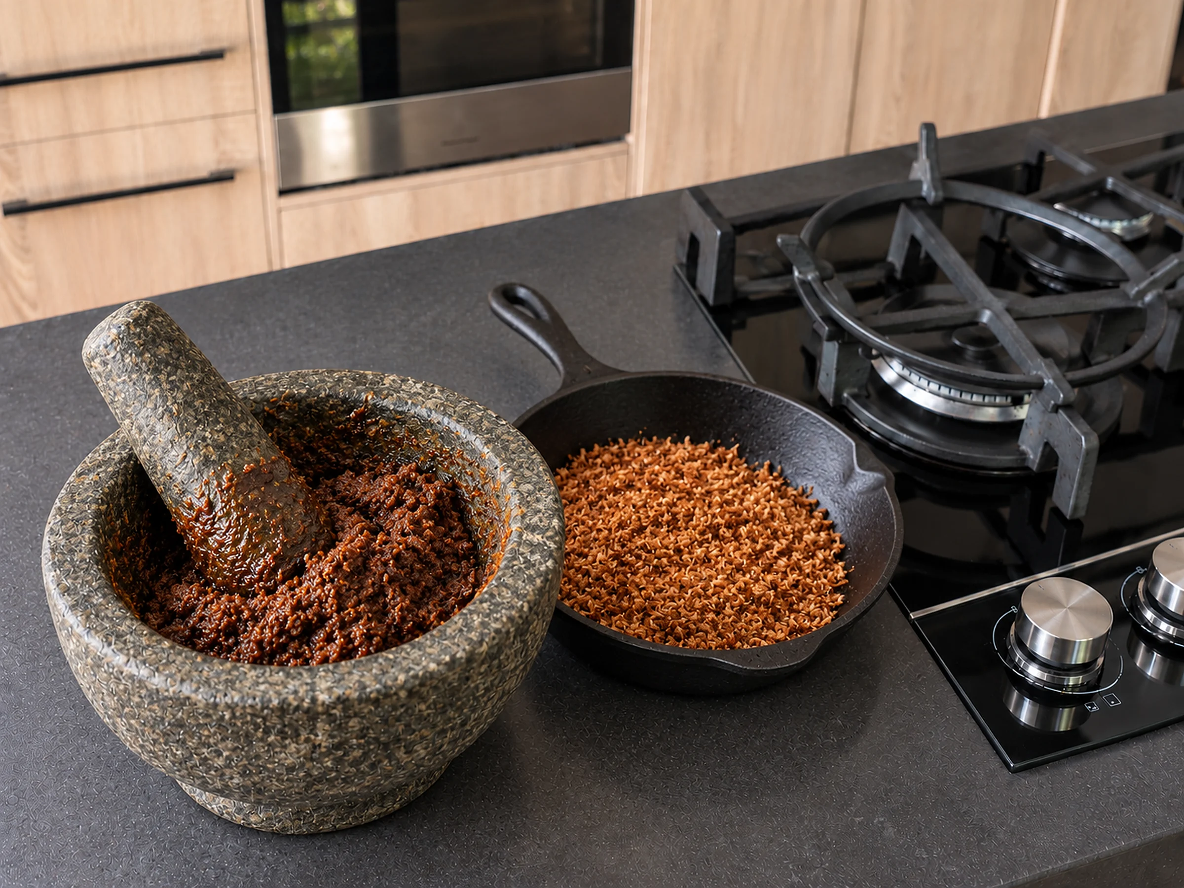 Dark chestnut ground toasted coconut paste in a stone mortar and pestle on a charcoal benchtop, a small cast-iron pan of toasted grated coconut beside it, next to a black glass gas cooktop