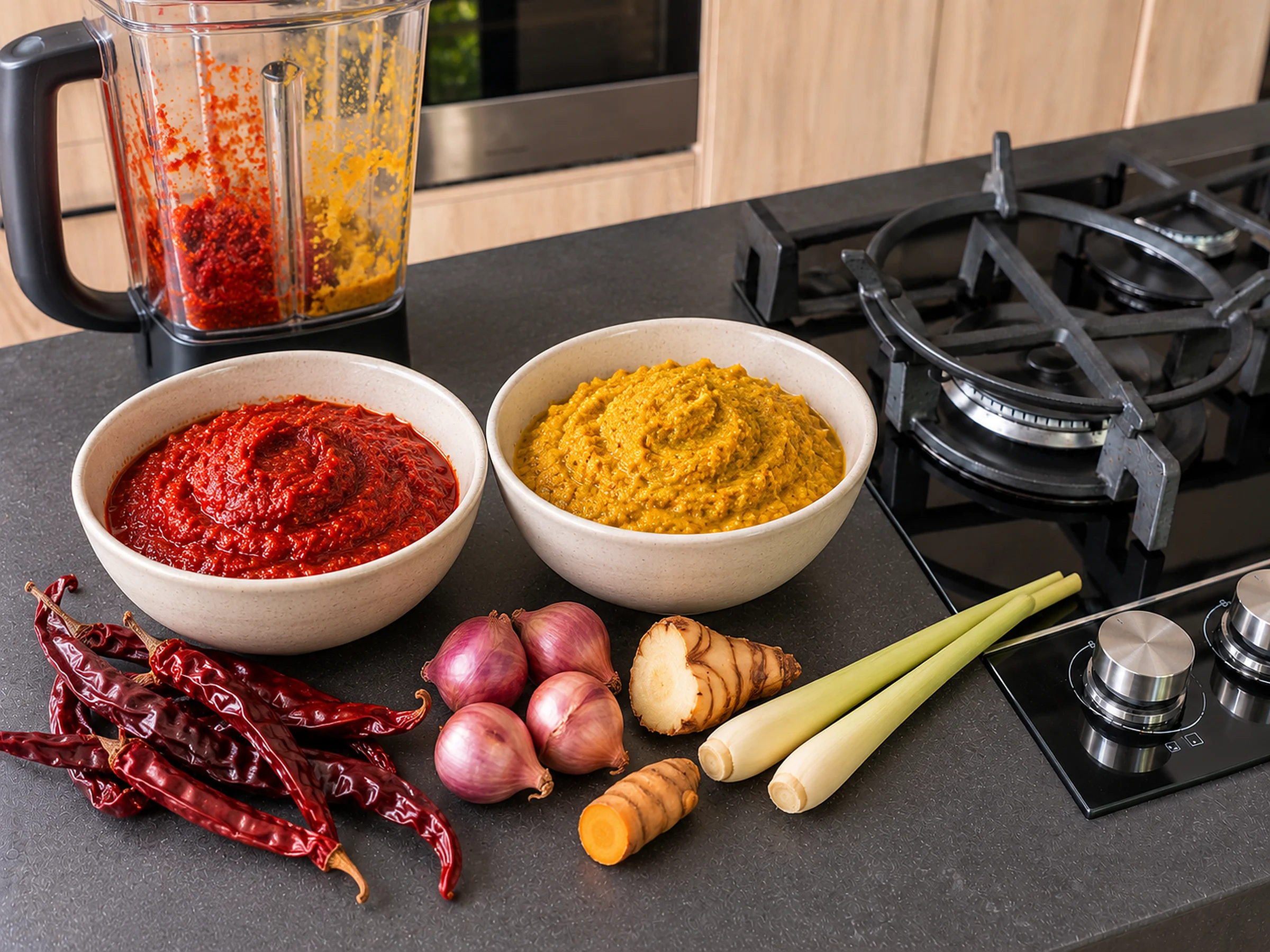 Two bowls of fine paste, one deep red, one yellow-orange, on a charcoal benchtop with dried red chillies, Asian shallots, galangal, fresh turmeric and lemongrass, a blender jug behind