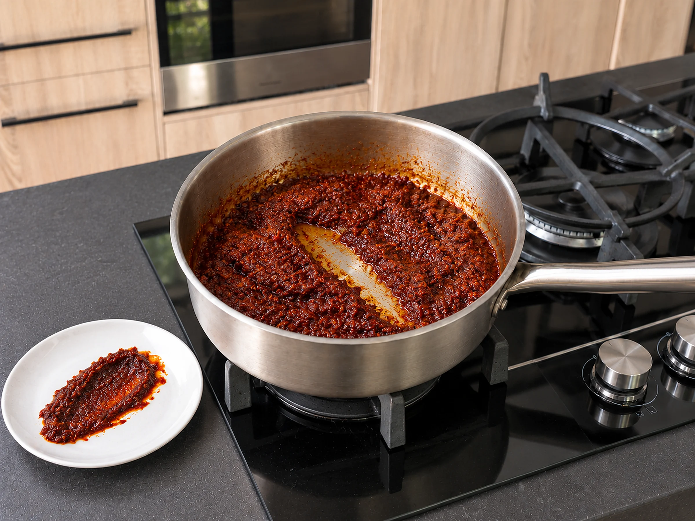 Thick, dark brick-red fried paste in a stainless sauté pan on a black glass gas cooktop, a channel pushed through it, with a smear of the paste on a small white plate beside the pan