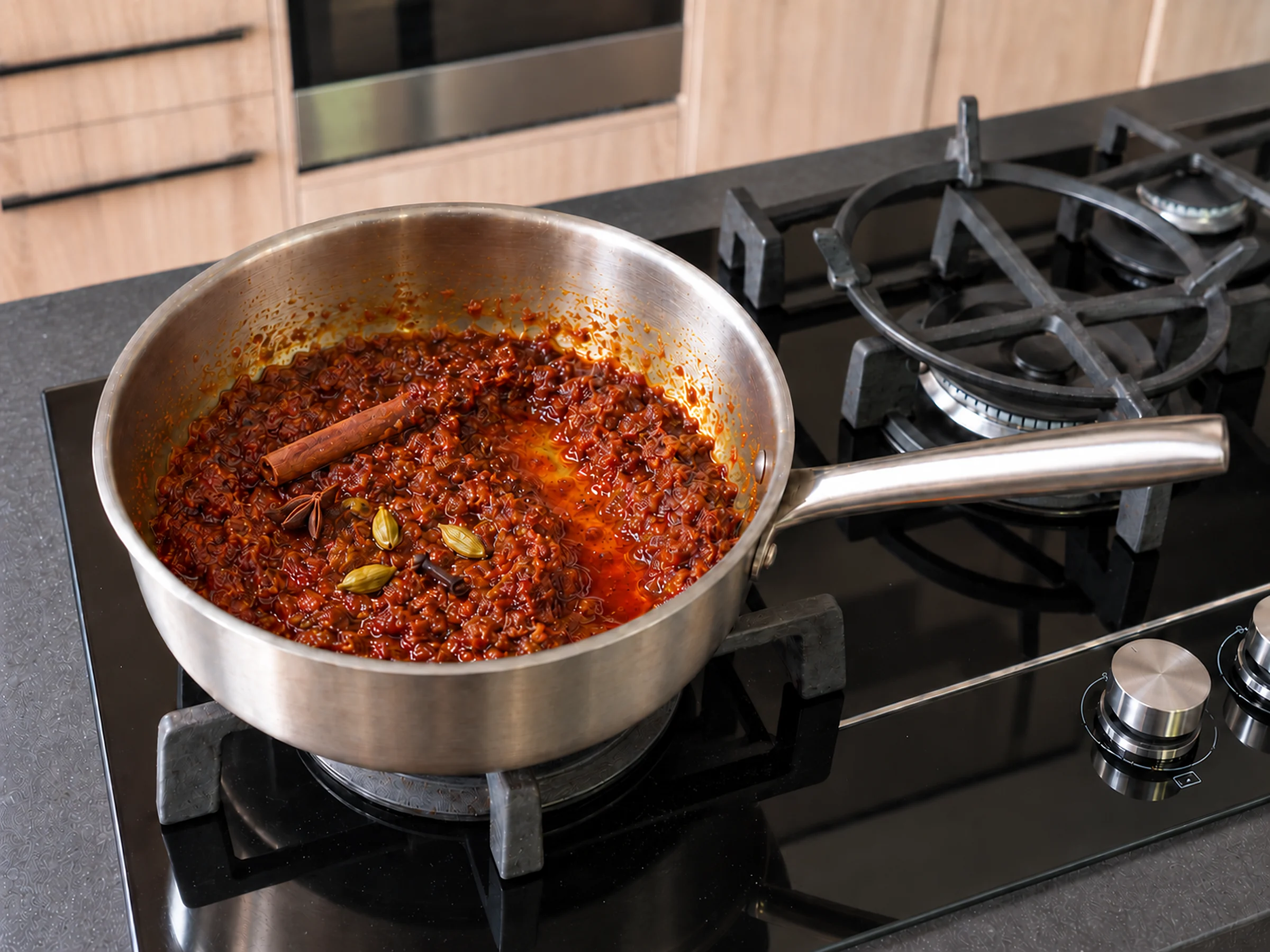 Dark red-brown fried paste with red oil pooling in a channel, a cinnamon stick, cardamom pods and a clove on top, in a stainless sauté pan