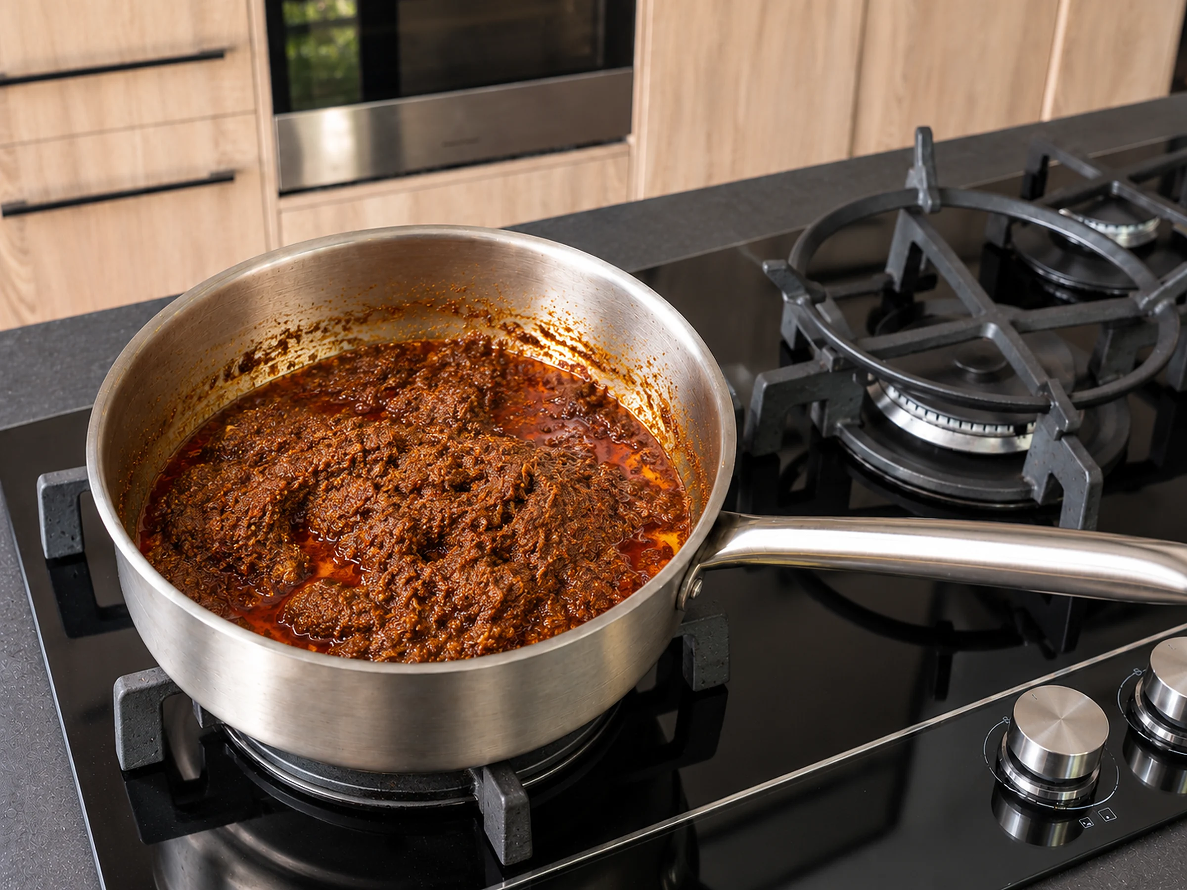 Brown, granular fried paste with orange-red oil separated around the edges, in a stainless sauté pan on a black glass cooktop