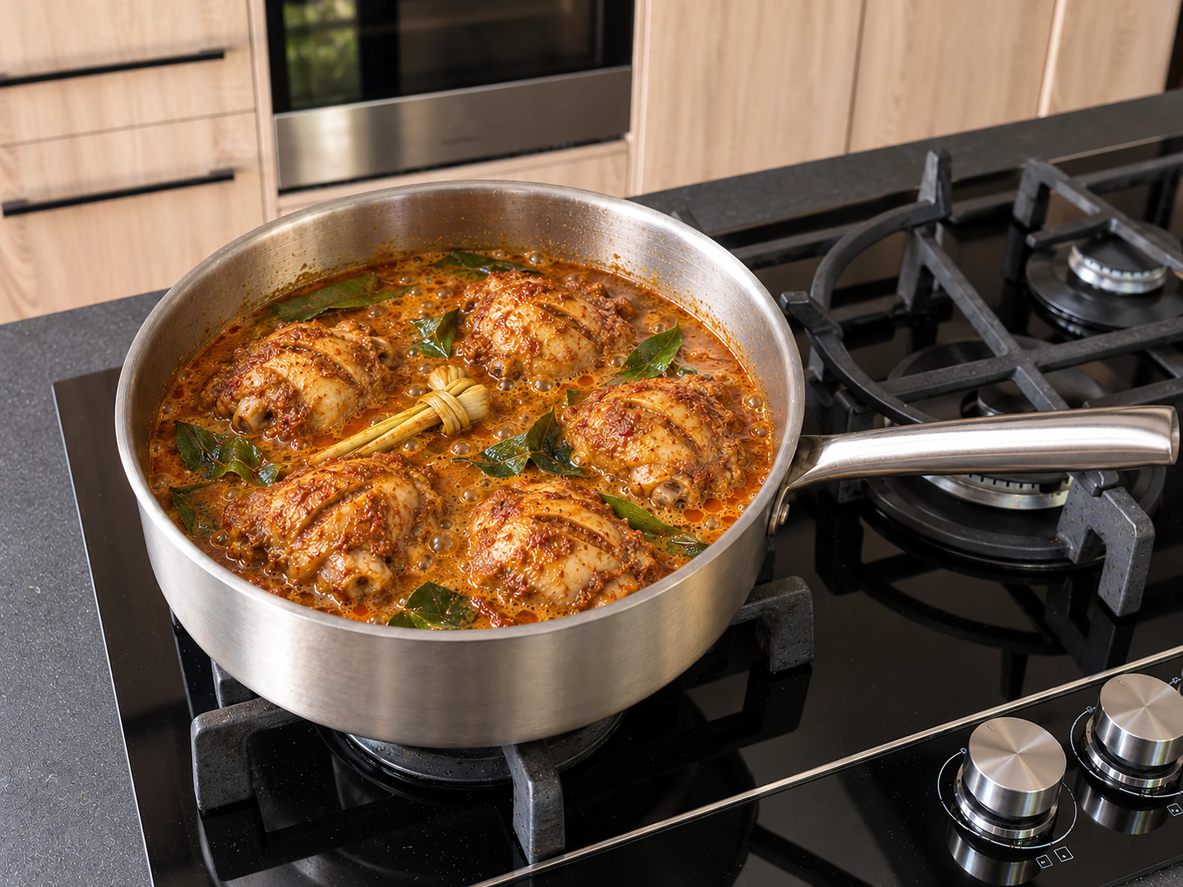 Six slashed chicken thighs simmering in an orange-brown coconut sauce with torn turmeric leaf, lime leaves and a knotted lemongrass top, in a stainless sauté pan