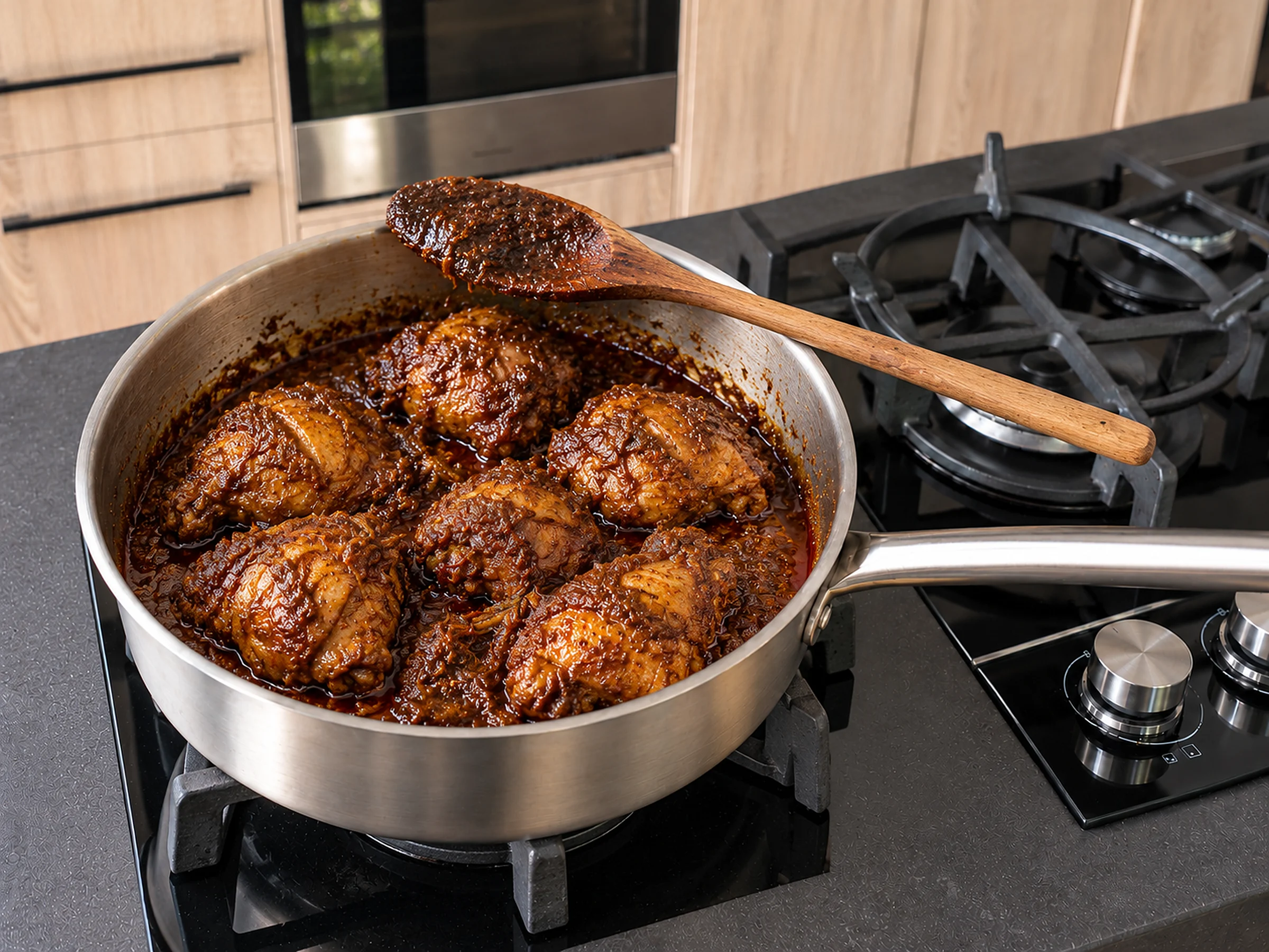 A wooden spoon across the pan, its back coated in thick, glossy dark brown rendang sauce, over chicken thighs in the reduced sauce