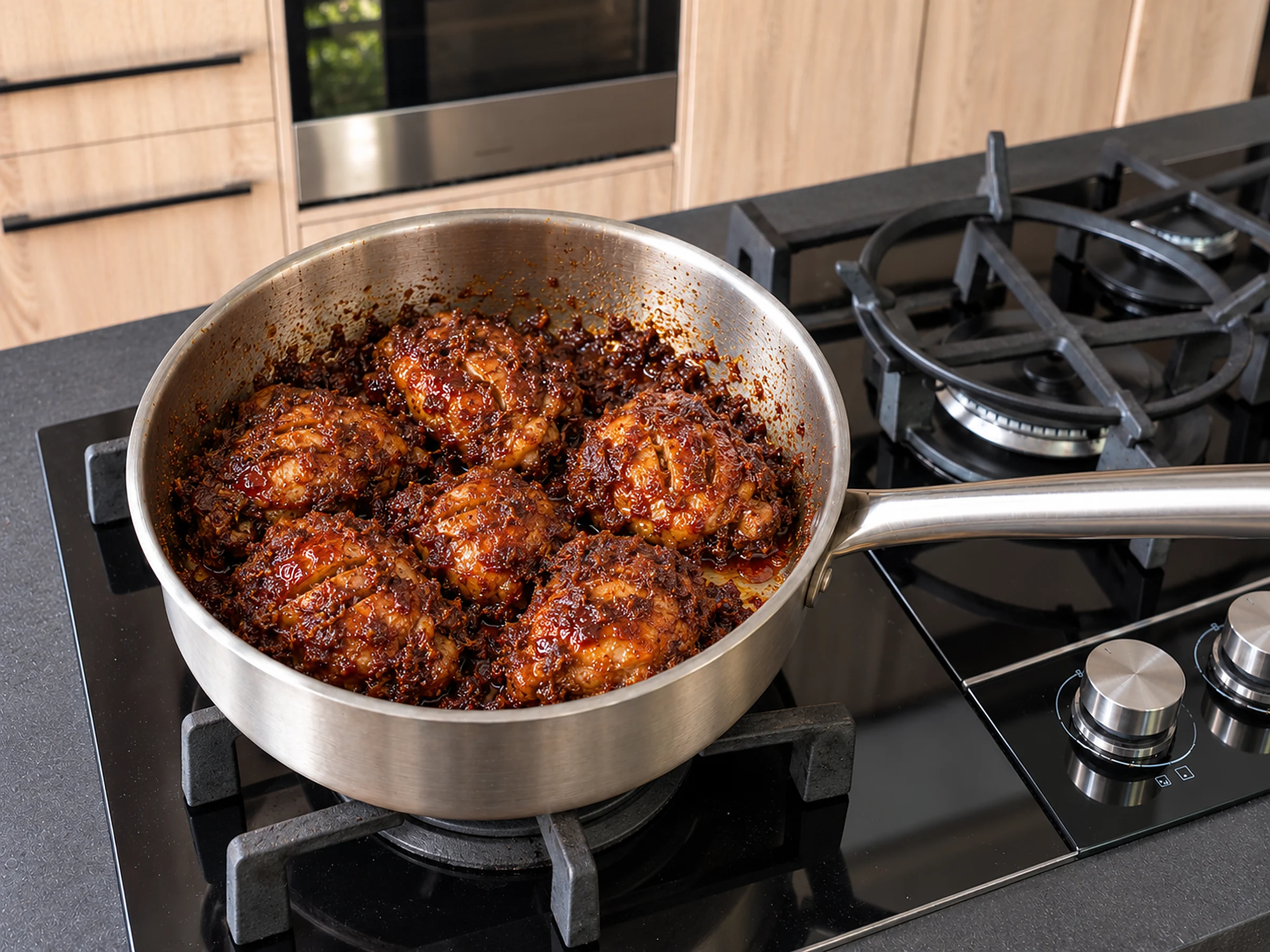 Chicken thighs thickly coated in dark mahogany rendang paste, red oil beading around them, in a stainless sauté pan on a black glass cooktop