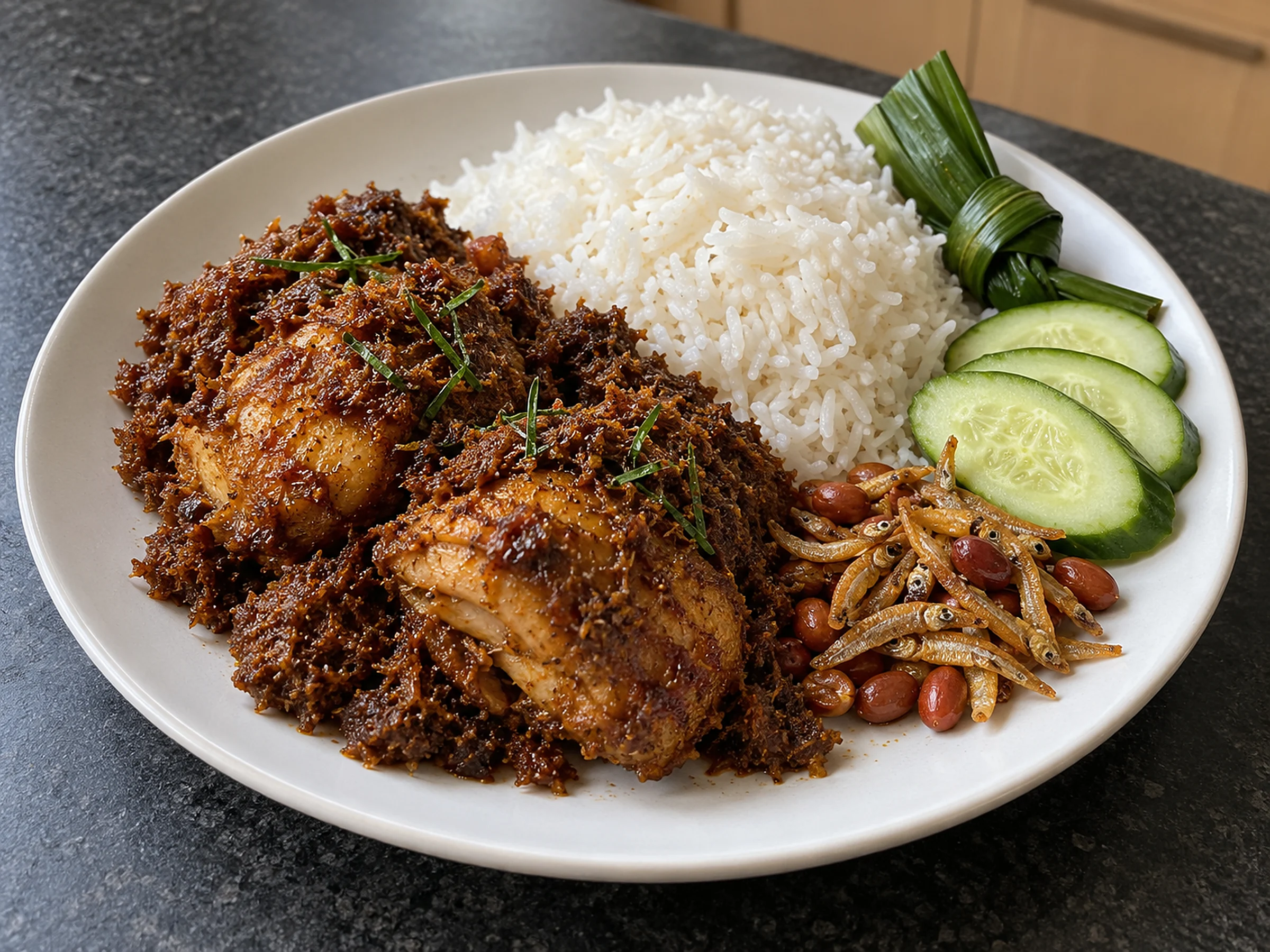 Chicken thighs thickly coated in dark, granular rendang on a white plate beside a mound of white rice and a knotted pandan leaf, with sliced cucumber and a pile of fried peanuts and small crisp anchovies, on a charcoal benchtop