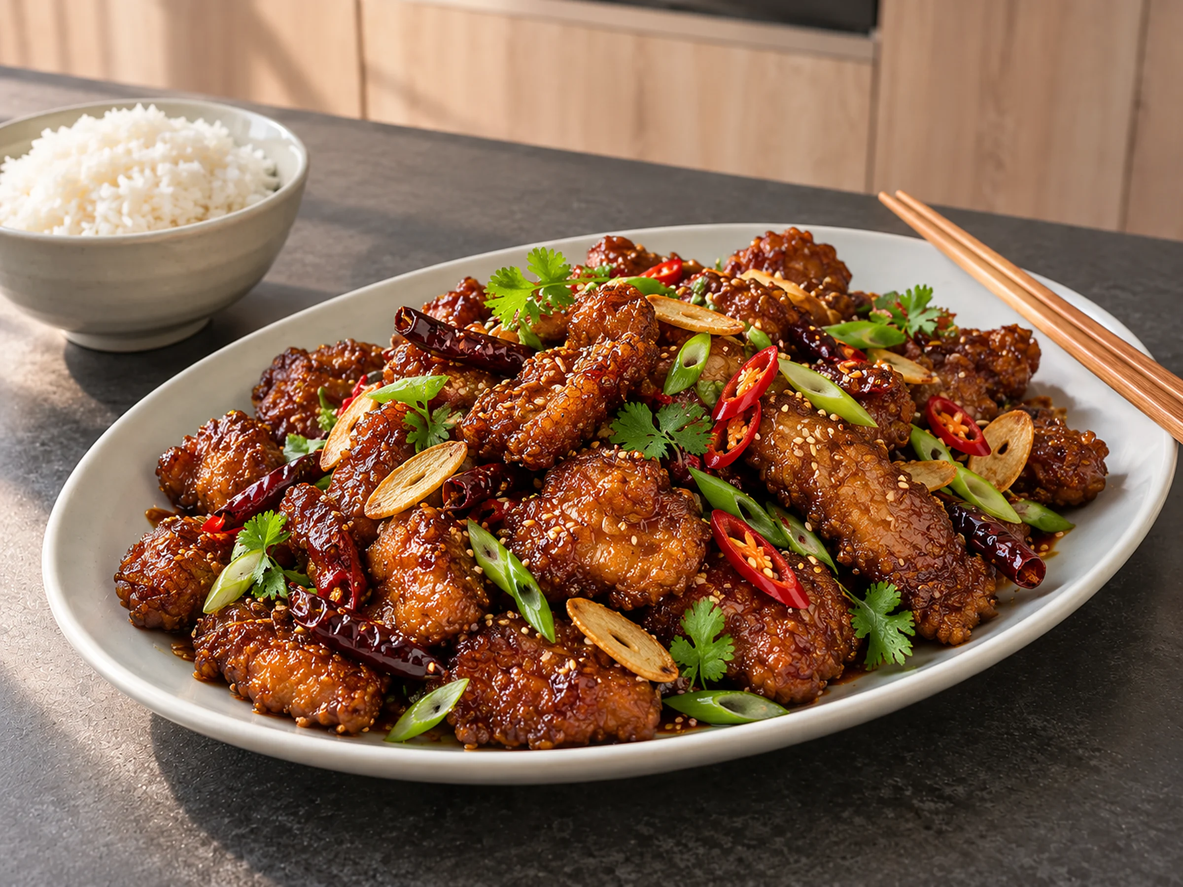 An oval white plate piled with crisp boneless pork pieces in a sticky dark mahogany tamarind glaze, with dried and fresh red chilli, golden garlic slices, sesame seeds, spring onion and coriander, beside a bowl of jasmine rice and chopsticks on a dark stone bench