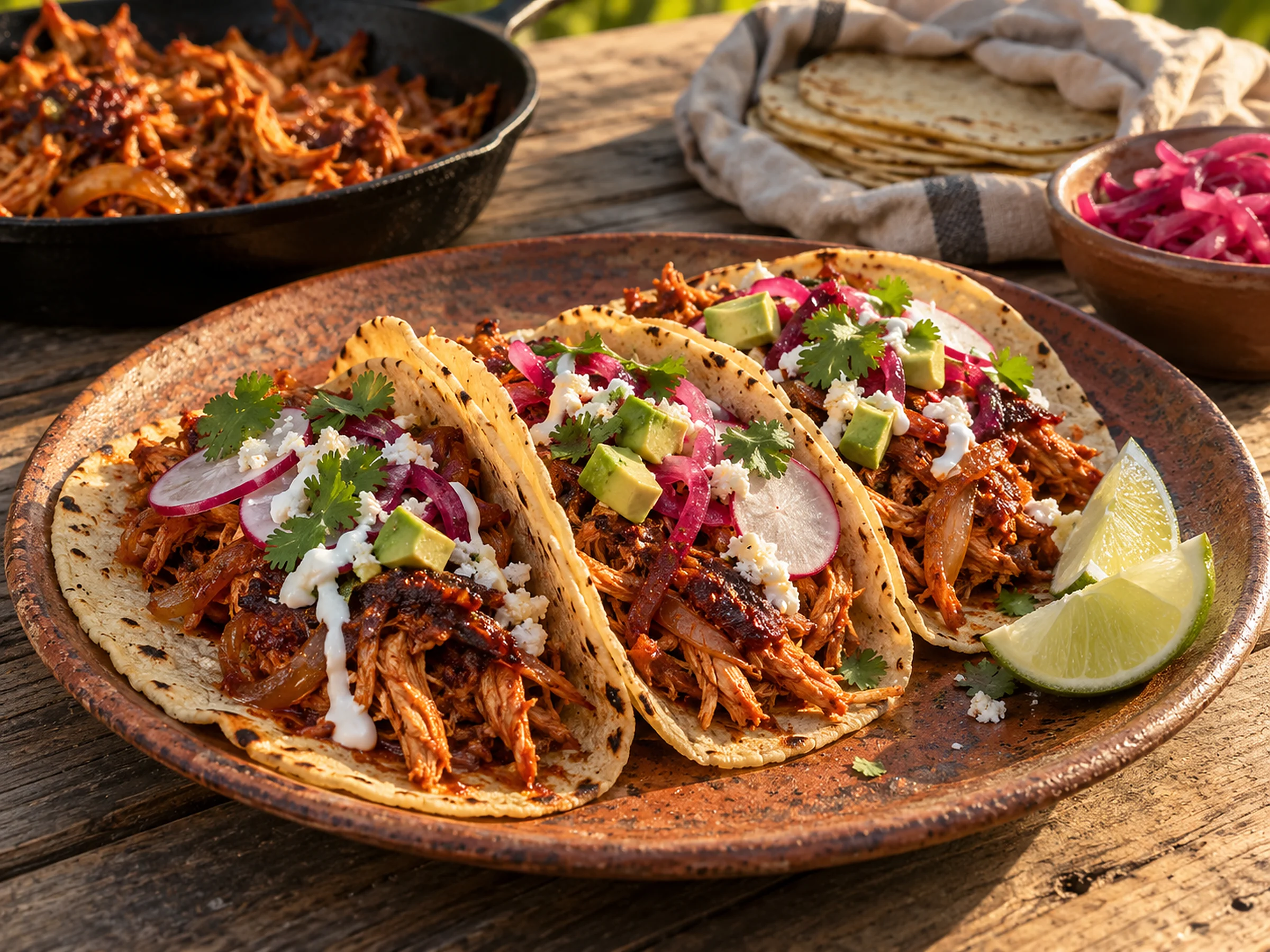 Three soft corn tacos on a brown ceramic plate, filled with brick-red shredded chicken tinga and darker seared strands, topped with pink pickled onion, radish slices, avocado cubes, crumbled white cheese, a drizzle of crema and coriander, with lime wedges, a cast-iron pan of tinga, a cloth of tortillas and a bowl of pickled onion behind