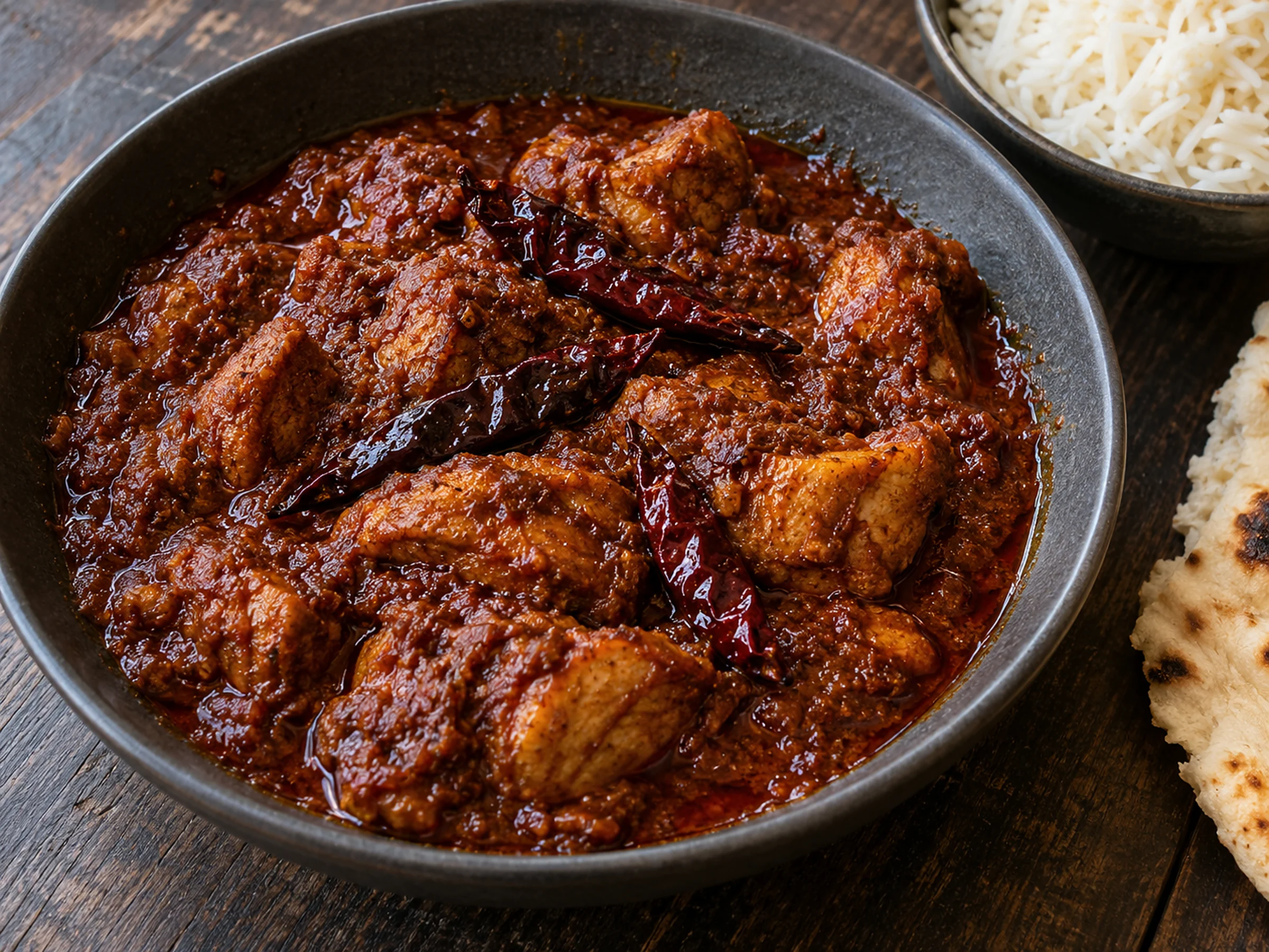A dark bowl of chicken thigh pieces in a thick, glossy, dark red vindaloo sauce with three dried red chillies on top, rice and naan beside it